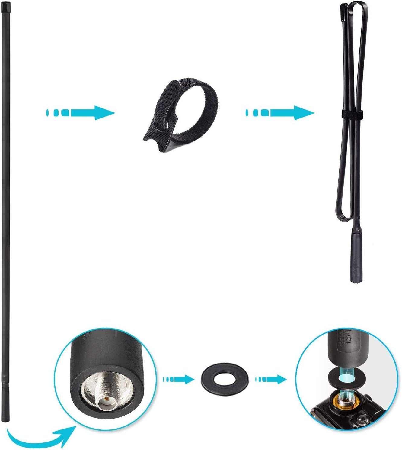 Close-up of the foldable flat steel ribbon antenna and the high-quality SMA female extension cable