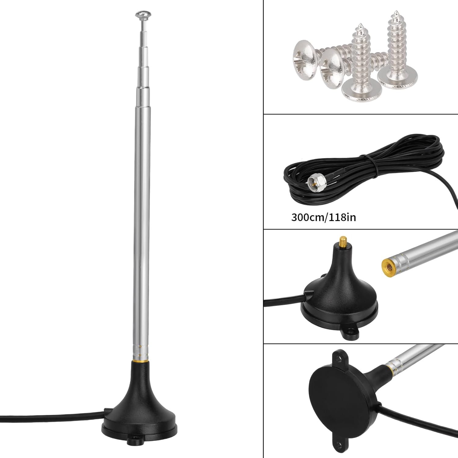 Close-up of the premium chrome-plated F-type connector and the smooth telescopic sections of the Bingfu FM radio antenna