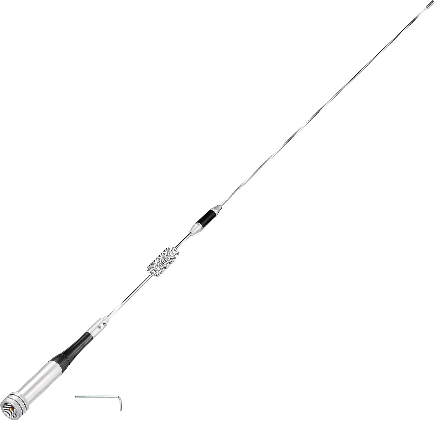 Close-up of the stainless steel antenna whip and weather-resistant base structure