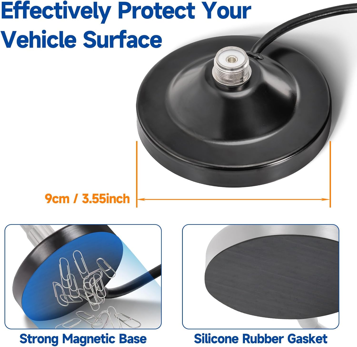 Close-up of the strong magnetic base with protective rubber padding and the premium fiberglass antenna mast