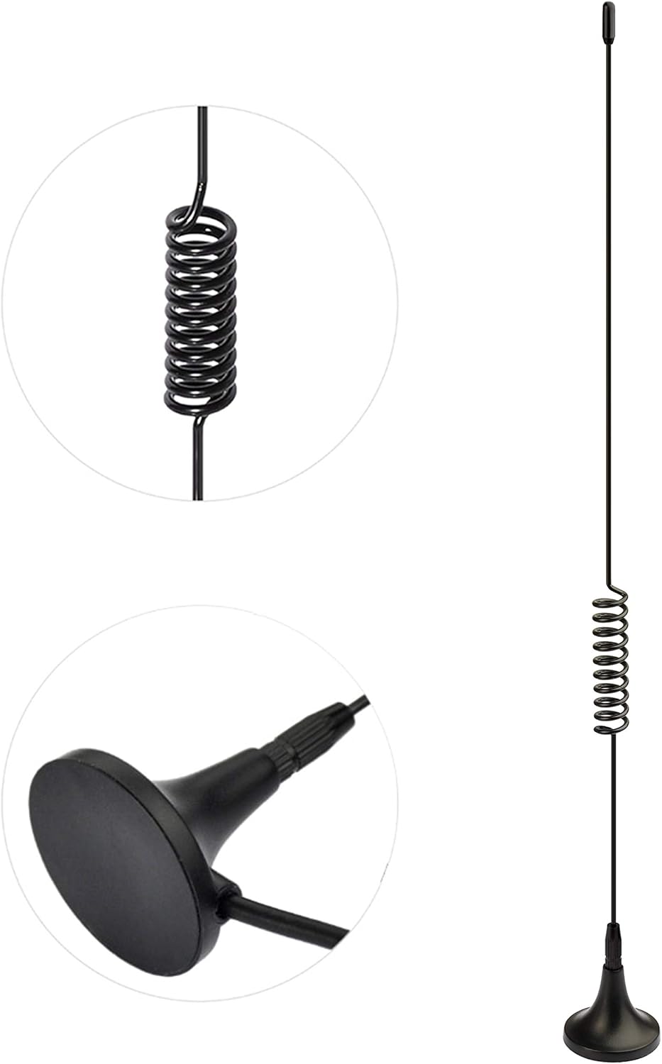Close-up of the whip antenna and the high-pull magnetic base with protective anti-scratch base