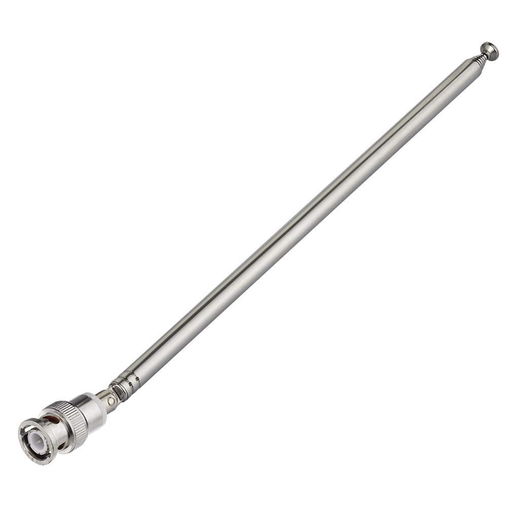 Close up of Bingfu stainless steel adjustable telescopic antenna sections with BNC connector
