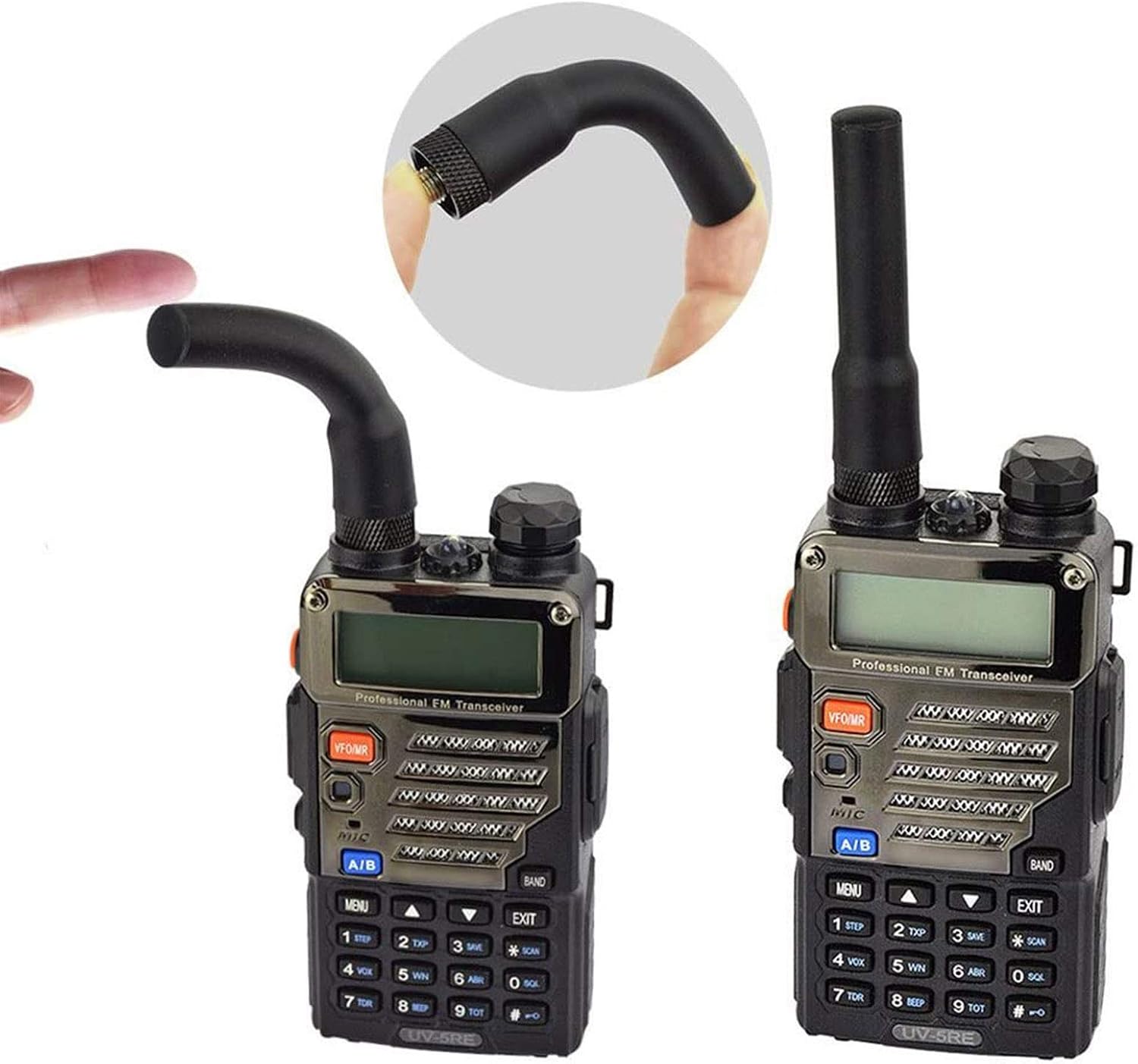 Compact replacement antenna installed on a Baofeng UV-5R handheld radio