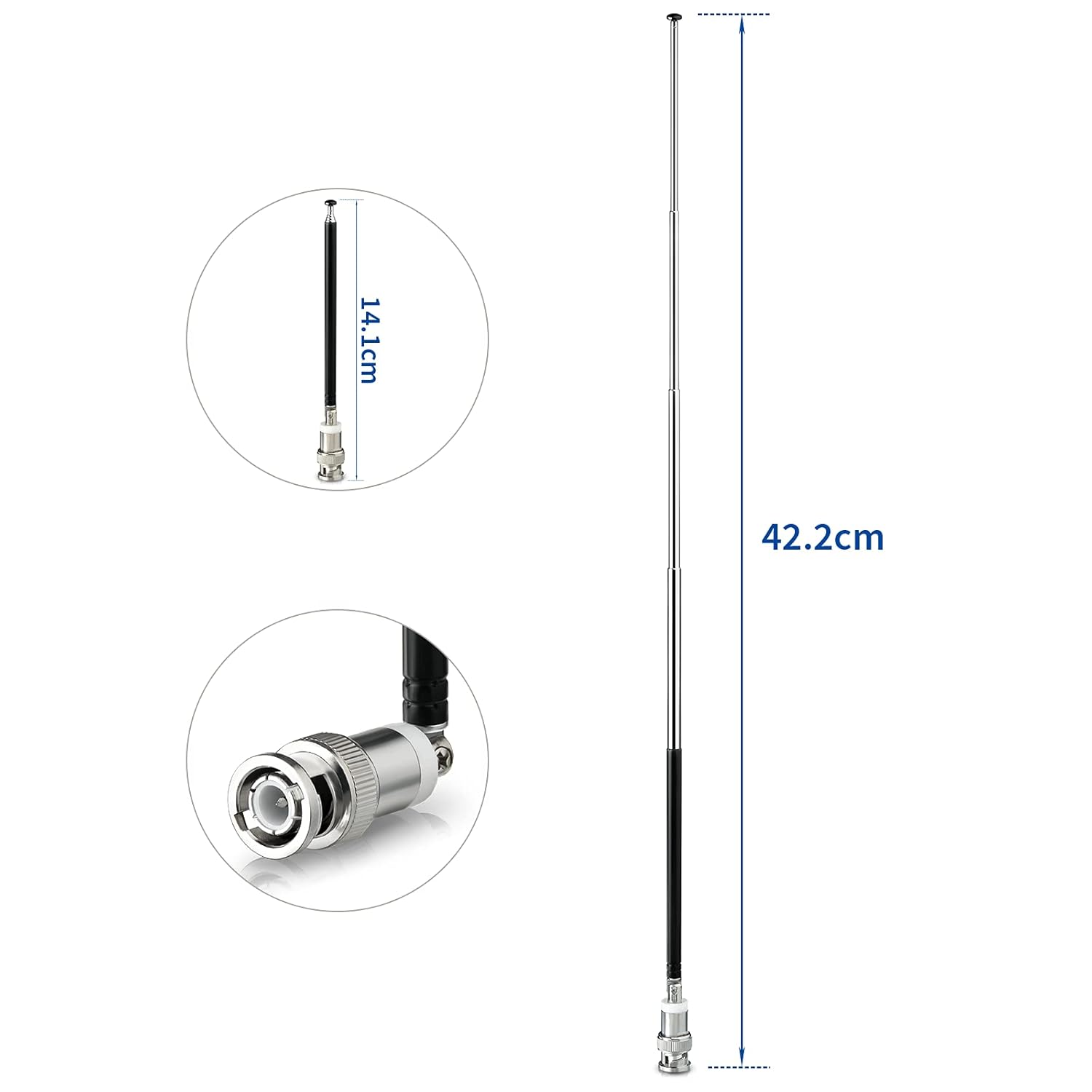 Comparative diagram showing the collapsed size for pocket storage vs. 42cm extended length