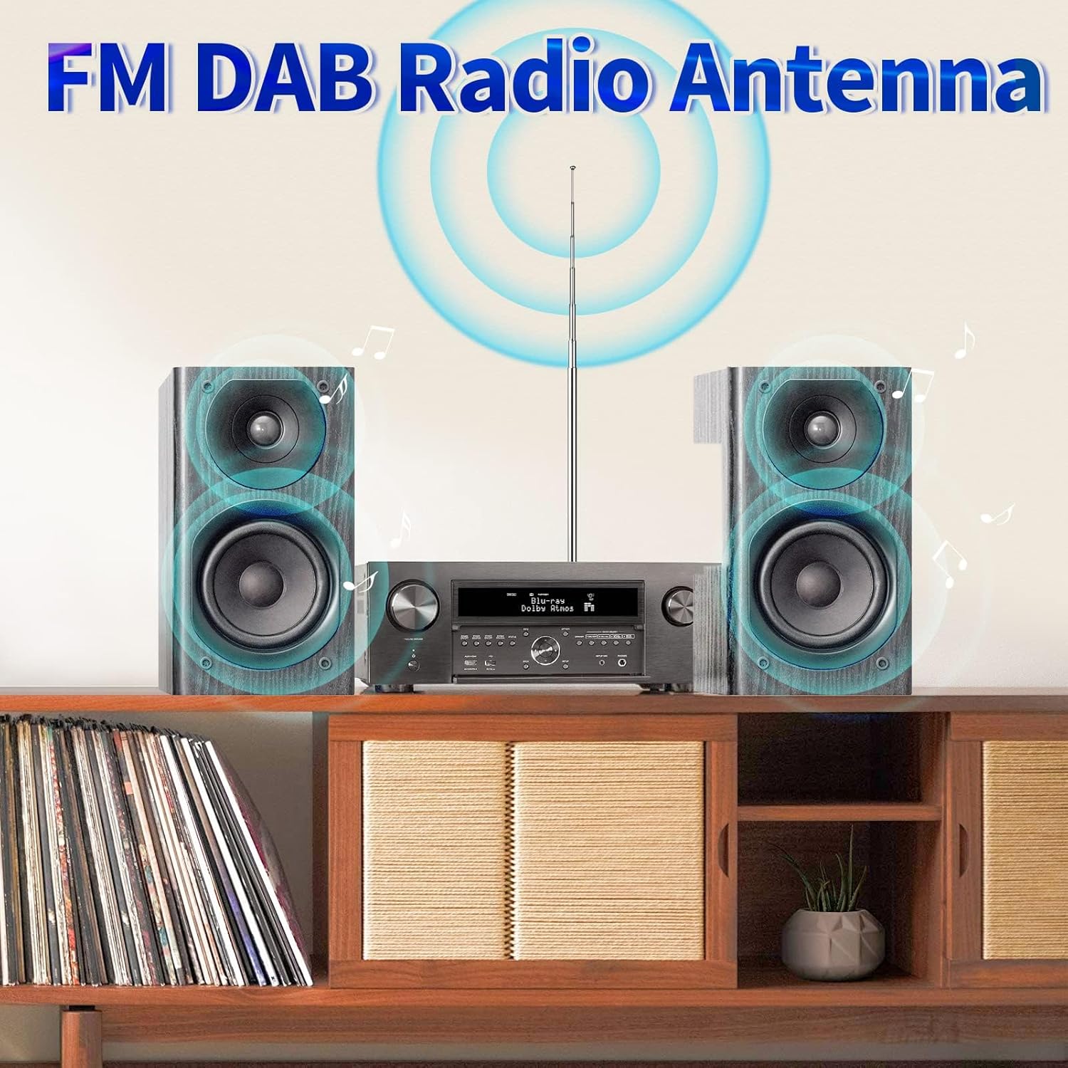 Demonstration of the antenna plugged directly into the back of a Hi-Fi receiver, showing its space-saving vertical installation