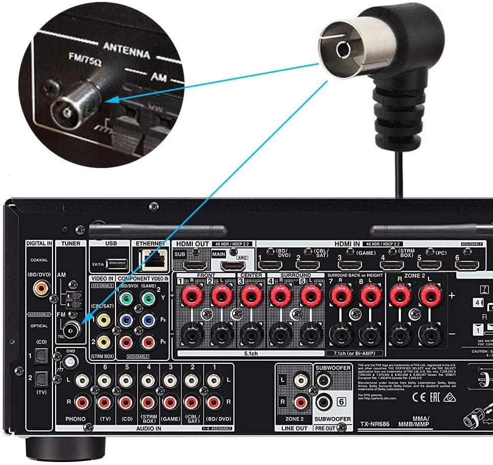 Detailed shot of the PAL female coaxial socket and the silver-plated F-type male plug adapter for universal receiver compatibility