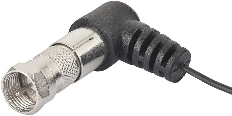 Detailed shot of the PAL female coaxial socket and the silver-plated F-type male plug adapter for universal receiver compatibility