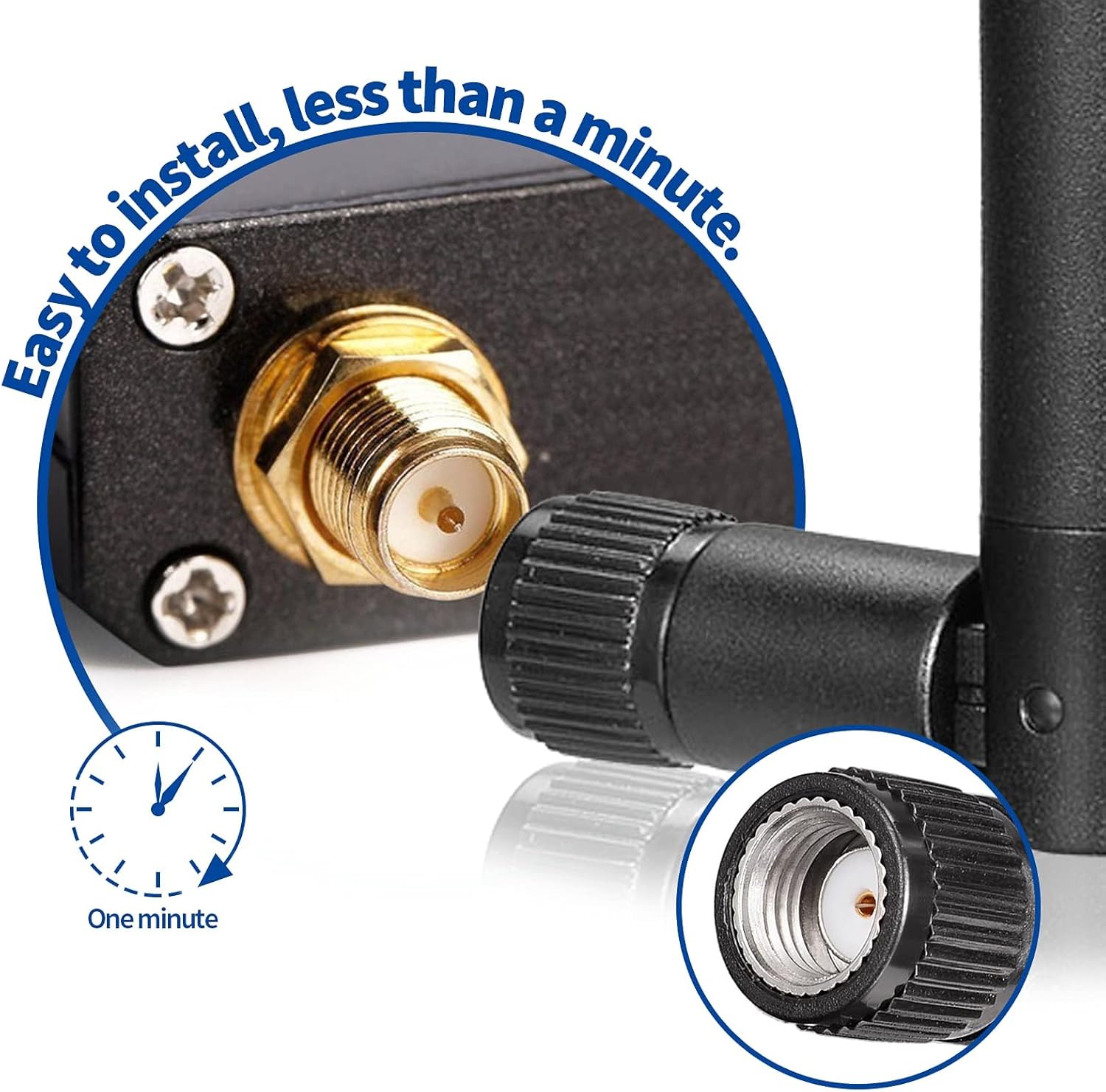 Detailed view of RP-SMA Male connector (internal threads with a center hole) for universal compatibility