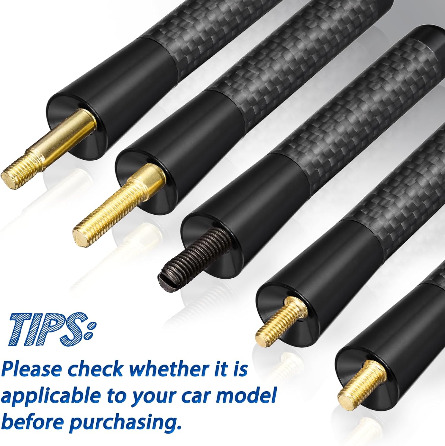 Detailed view of the 3 universal screw adapters (M4.0, M5.0, M6.0) included to fit 99% of modern car antenna bases