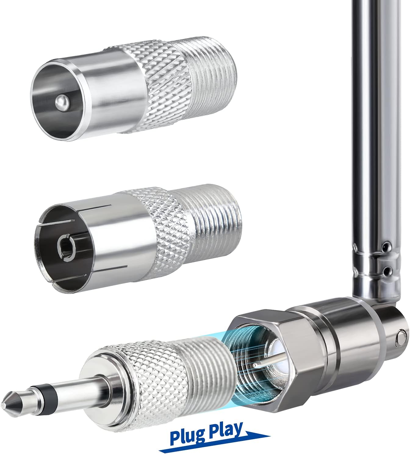 Detailed view of the 4 adapters: F-type, 3.5mm, PAL male, and PAL female connectors