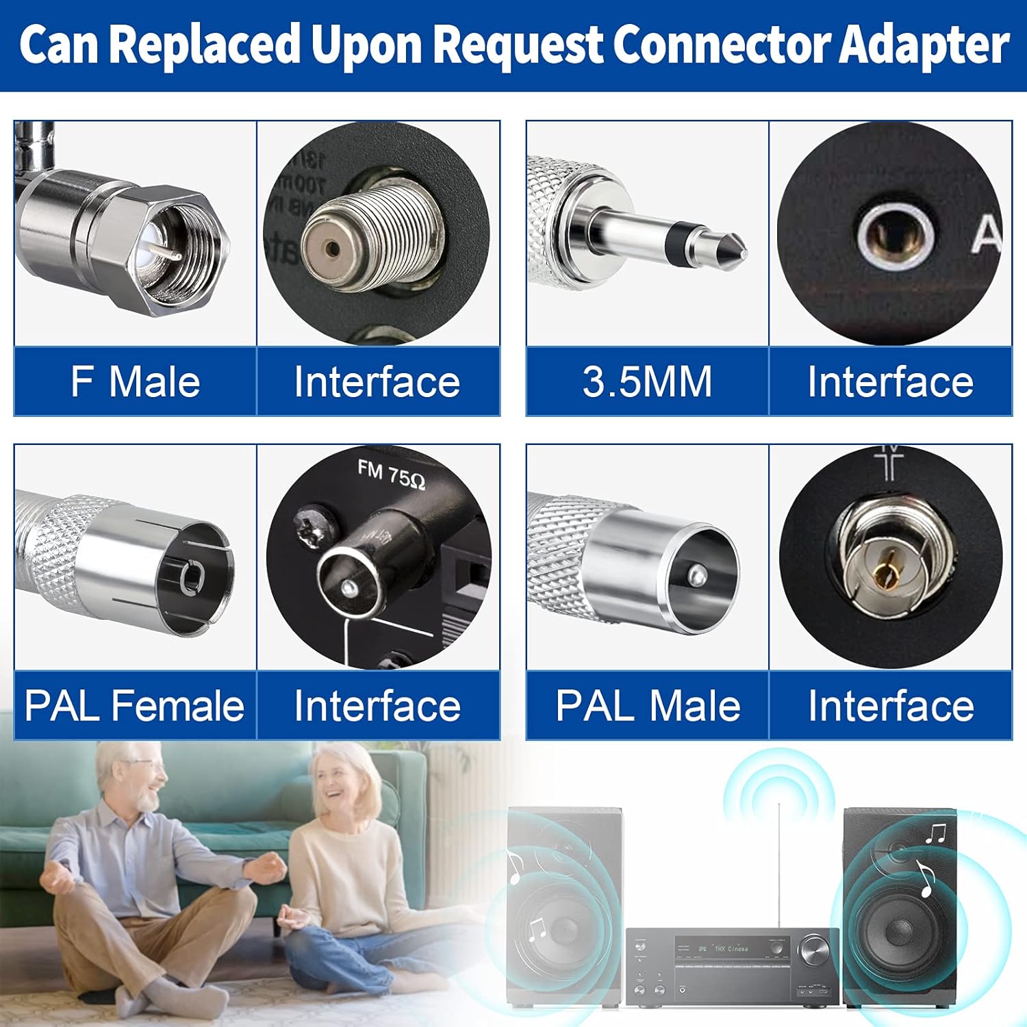 Detailed view of the 4 adapters: F-type, 3.5mm, PAL male, and PAL female connectors