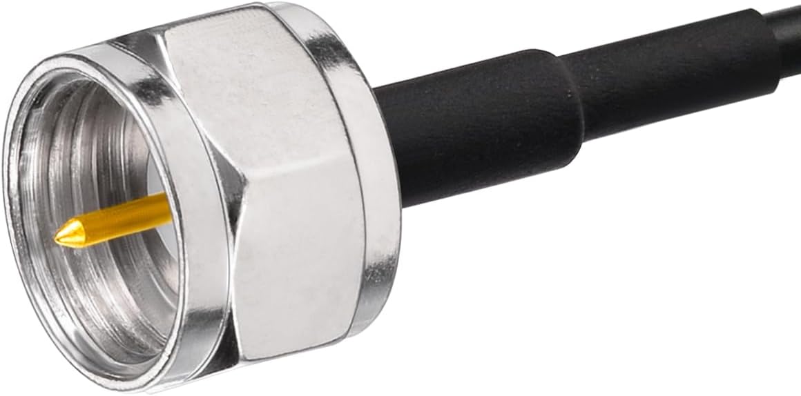 Detailed view of the F-type male connector and the included 3.5mm, PAL male, and PAL female adapters for universal compatibility
