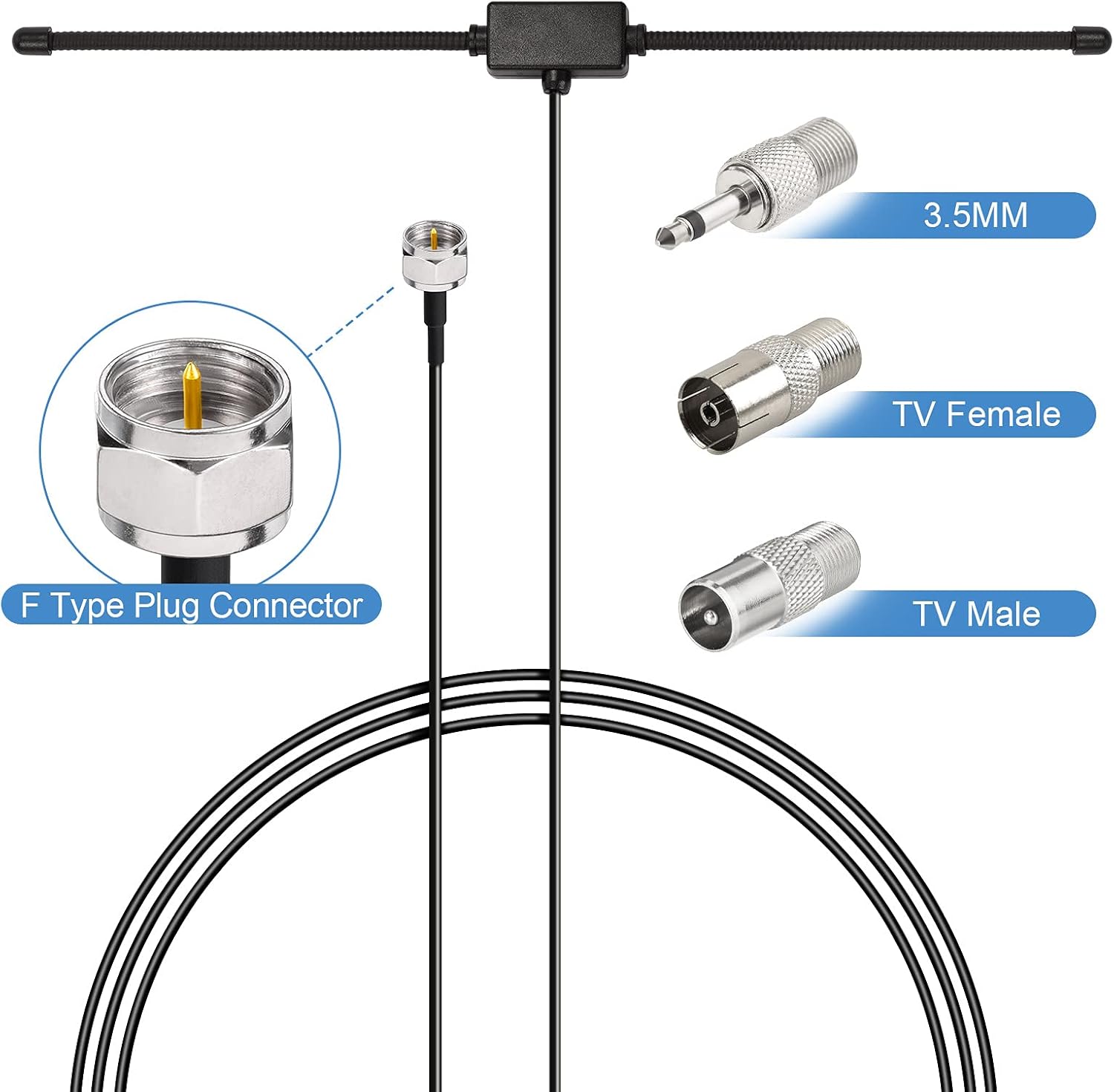 Detailed view of the F-type male connector and the included 3 metal adapters: F-female to PAL male, PAL female, and 3.5mm audio plug