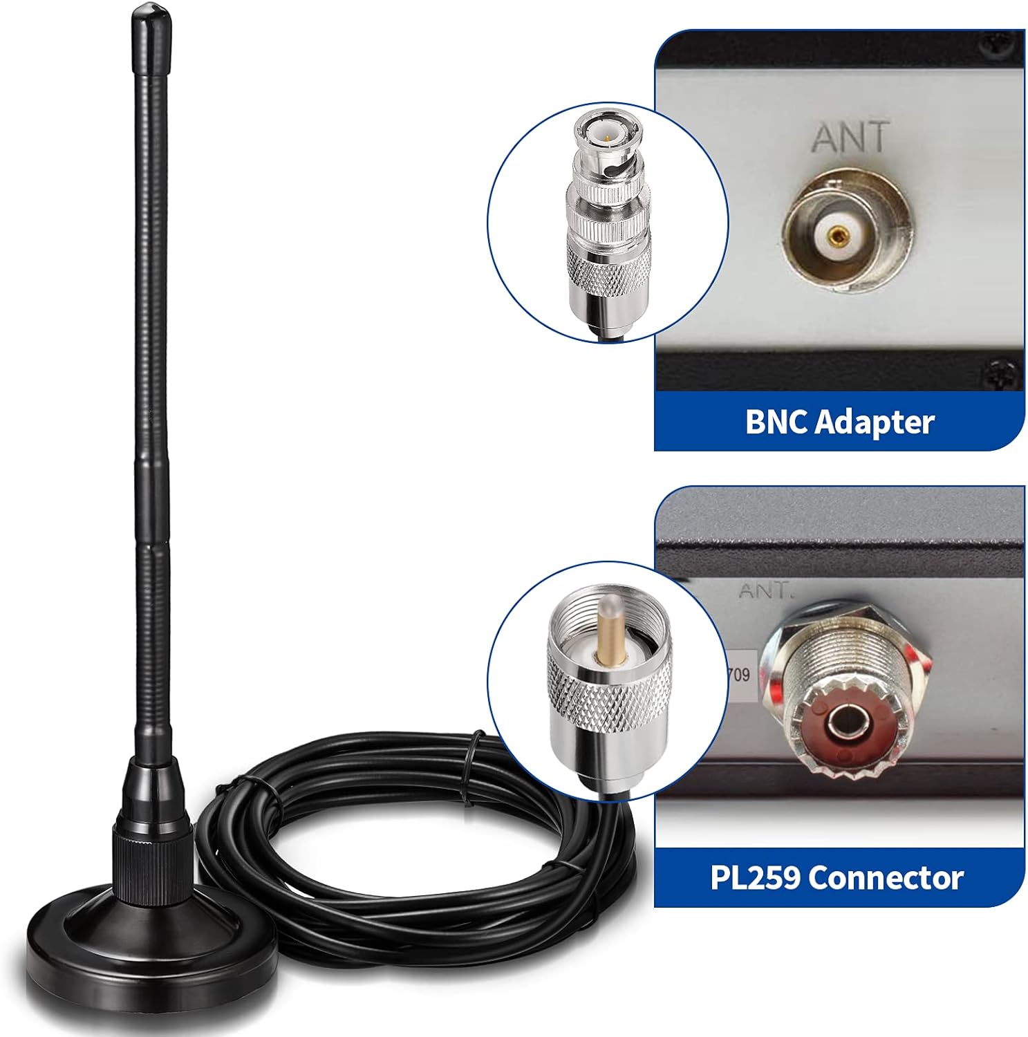 Detailed view of the PL259/BNC connector setup for versatile CB radio compatibility