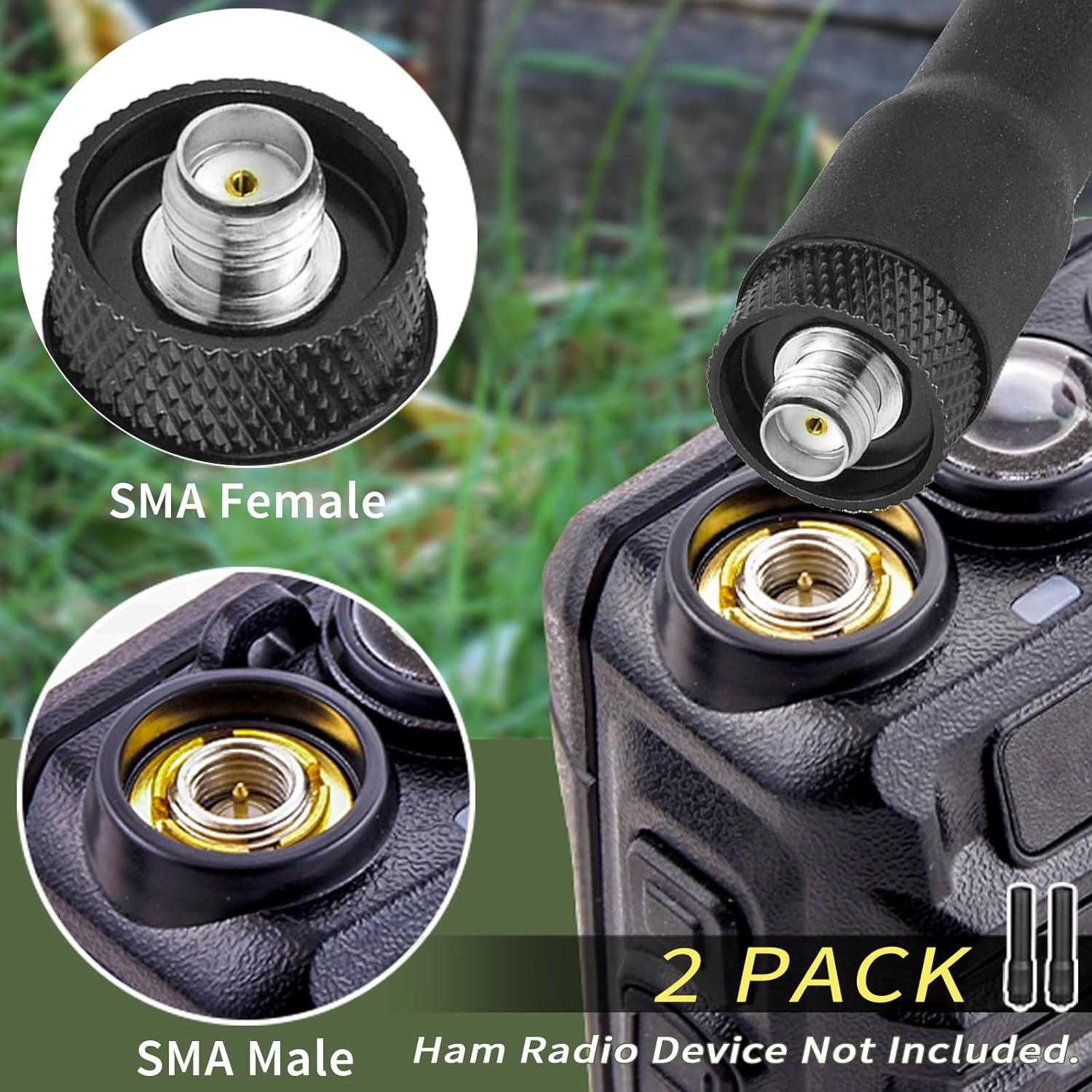Detailed view of the SMA-Female connector base for universal handheld radio compatibility