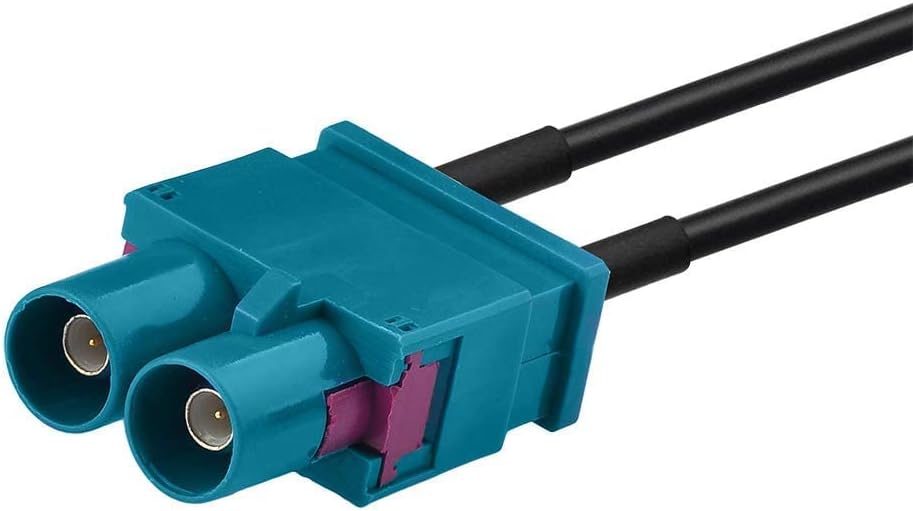 Detailed view of the dual Fakra Z connectors (universal water blue) and the standard Motorola DIN male plug for seamless plug-and-play fit