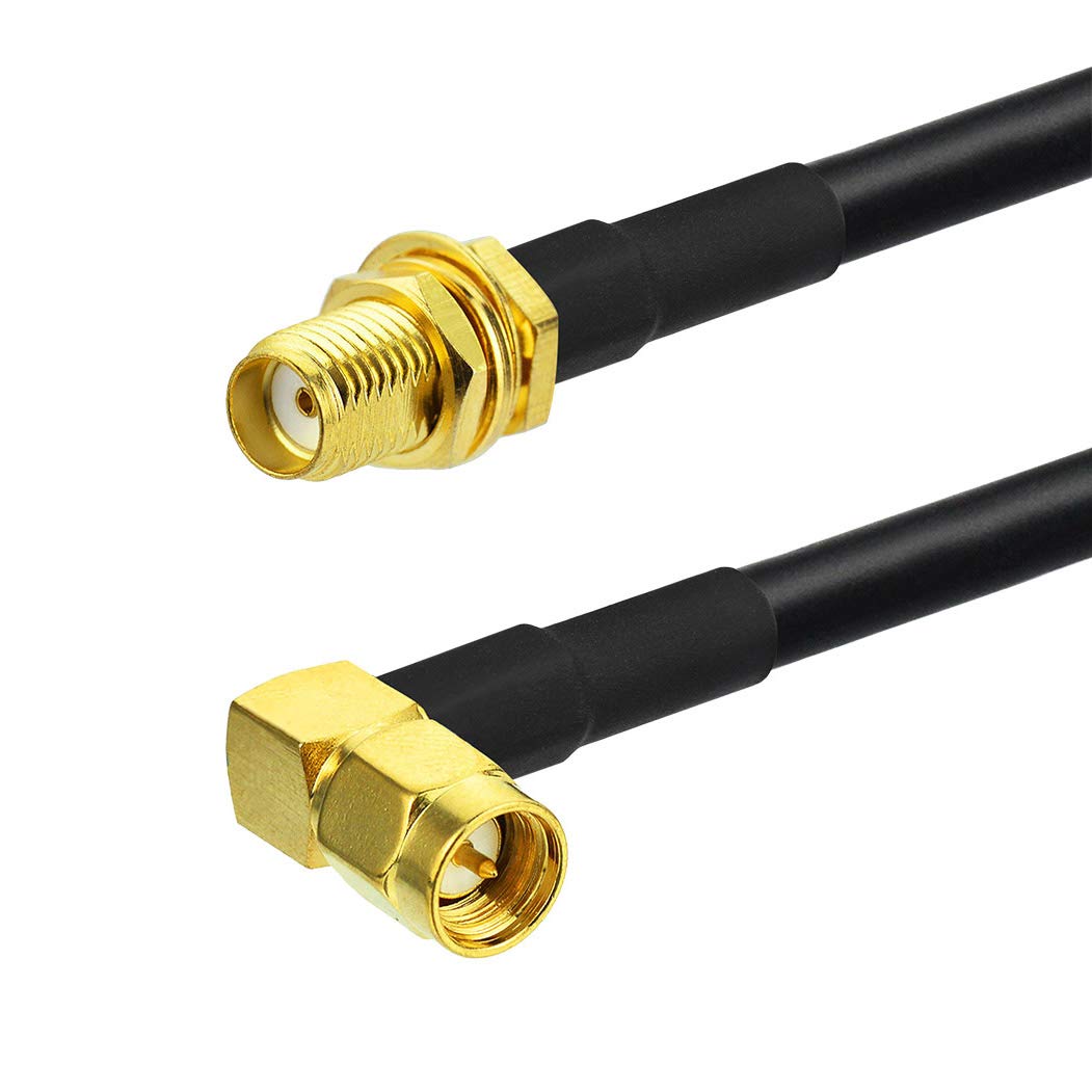 Detailed view of the right-angle SMA male (pin) and standard SMA female (receptacle) connectors