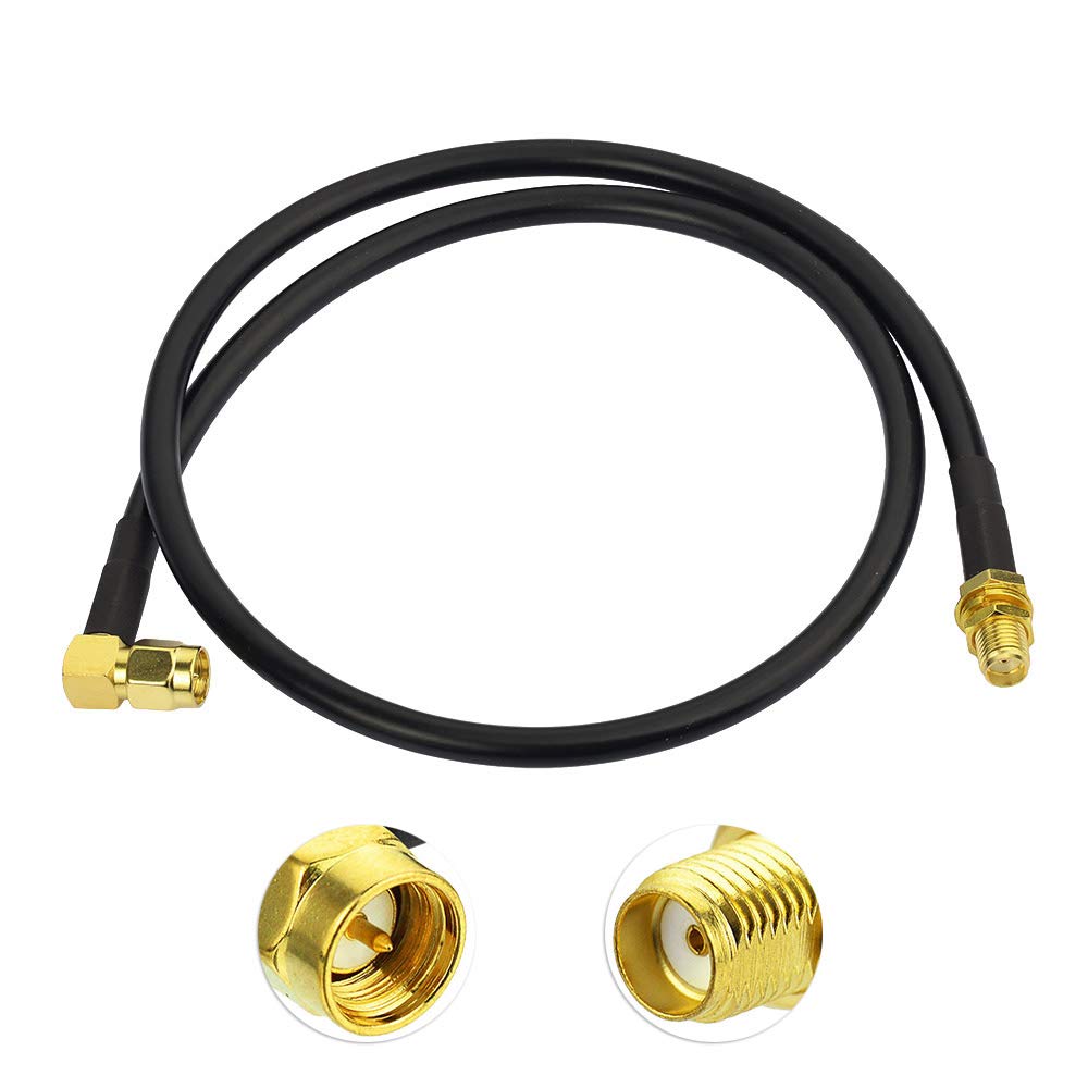 Detailed view of the right-angle SMA male (pin) and standard SMA female (receptacle) connectors