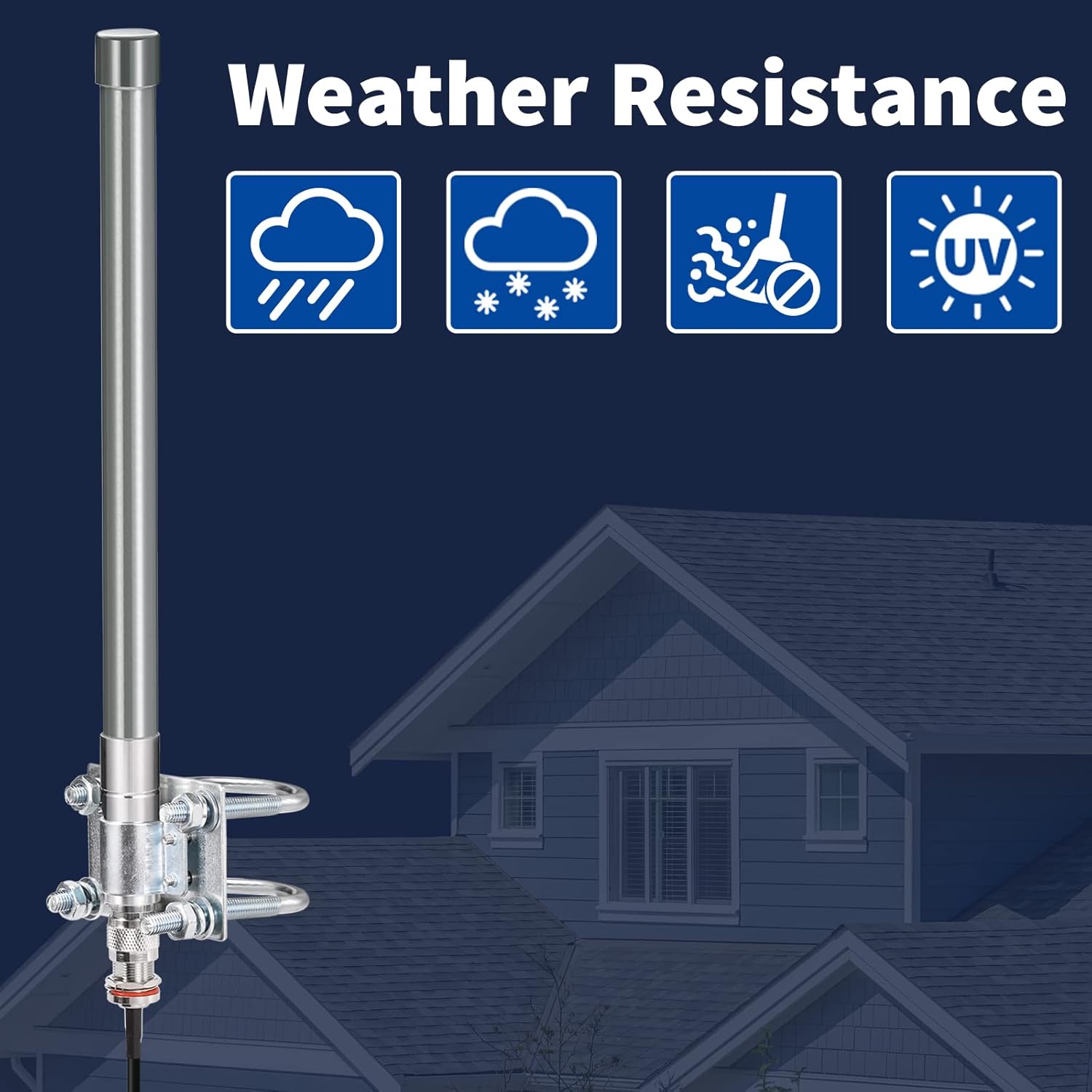 Diagram showing the fiberglass antenna mounted on a rooftop mast for maximum signal