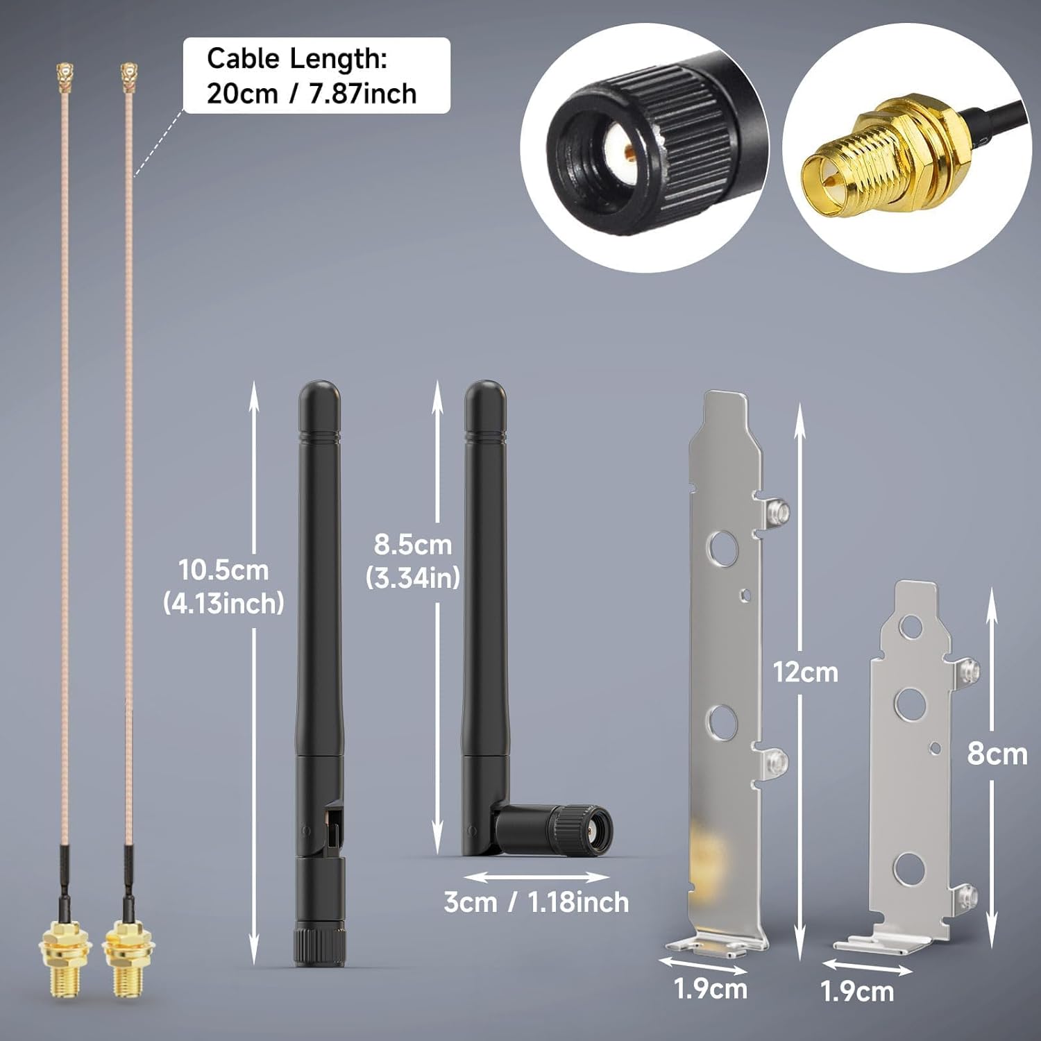 Dimensions of the 20cm (7.87 inch) RG178 cables, 3dBi antennas, and standard full-height PCI bracket