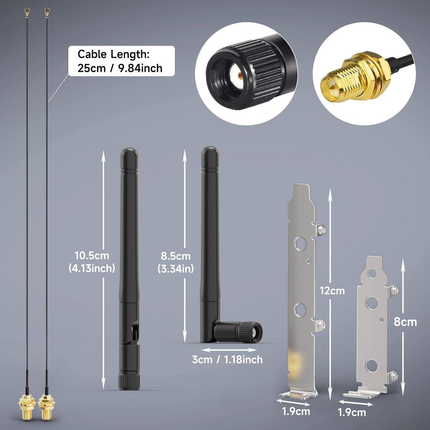 Dimensions of the 25cm (9.84 inch) MHF4 cables, 3dBi antennas, and standard PCI bracket