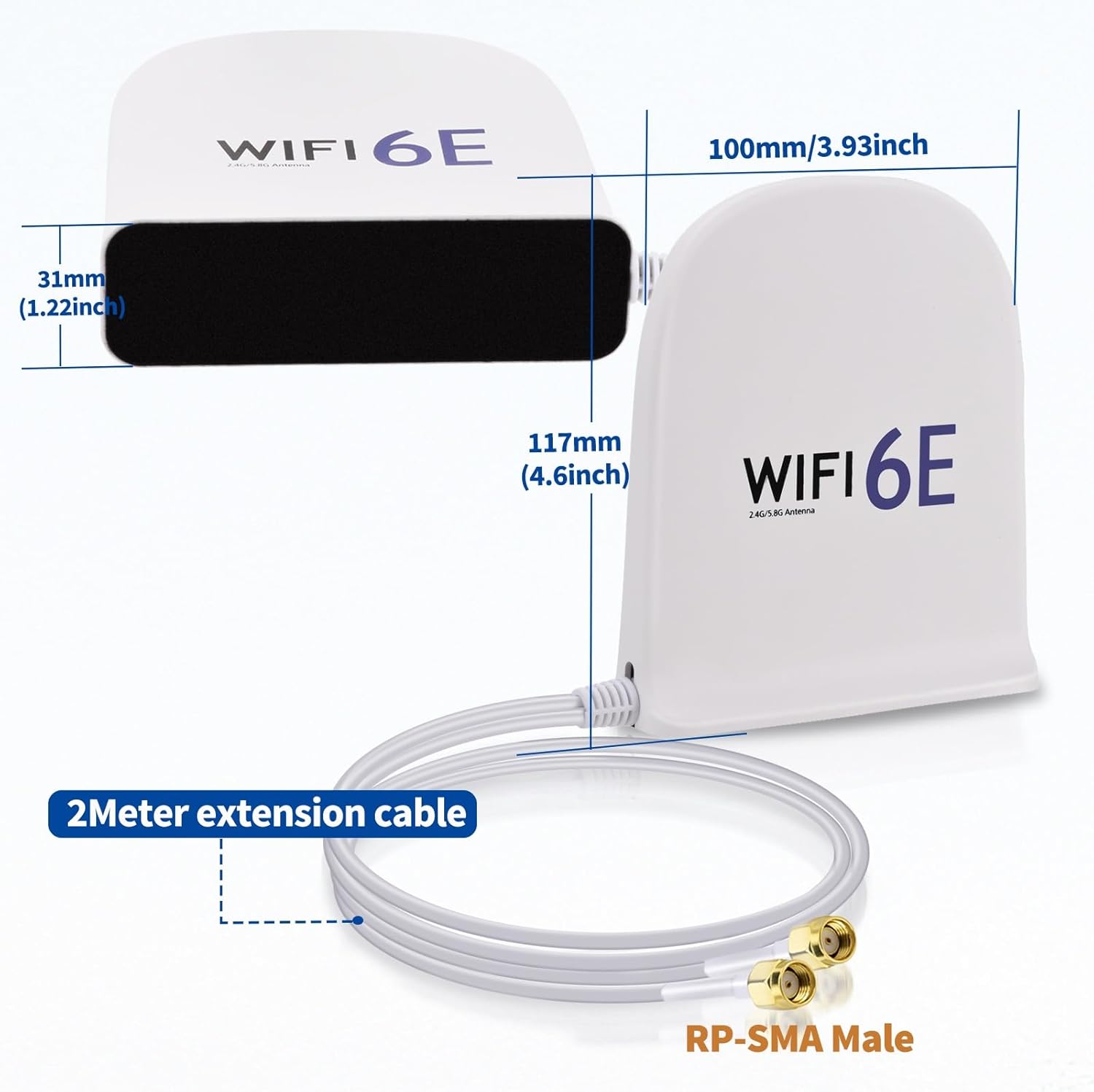 Dimensions of the BFN00987 white antenna, including the 2m (6.5ft) cable length and magnetic base width
