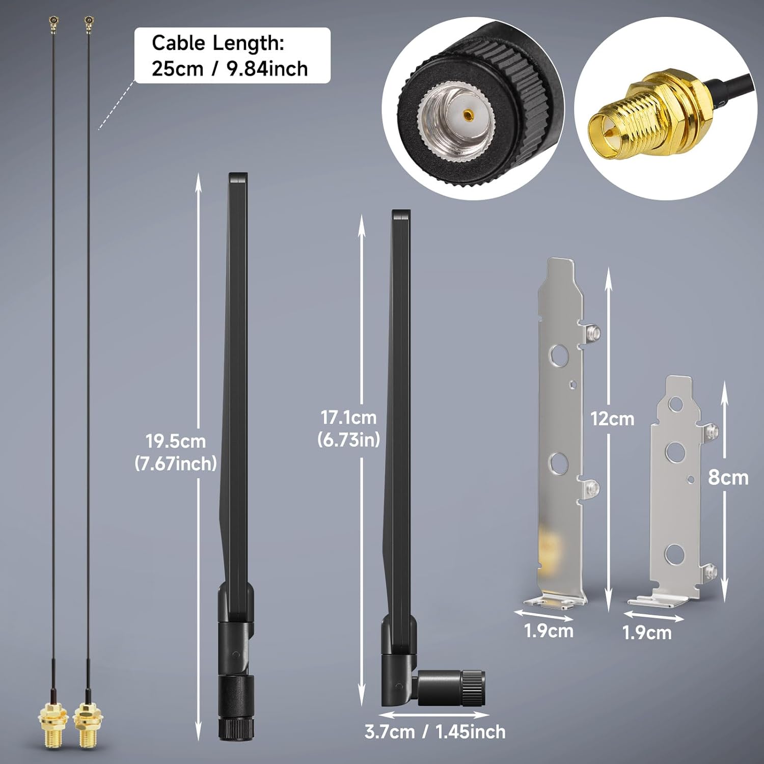 Dimensions of the PCI bracket, the 19.5cm antenna height, and the 25cm pigtail cable length