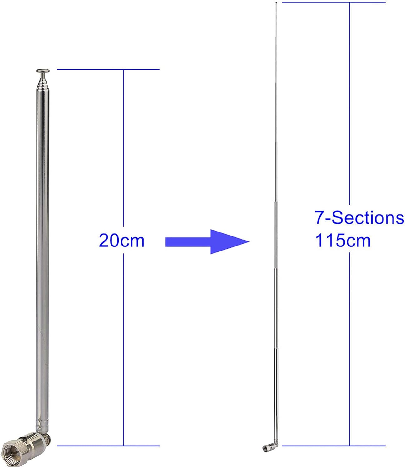 Dimensions showing the antenna retracted at 17cm and fully extended to 76cm
