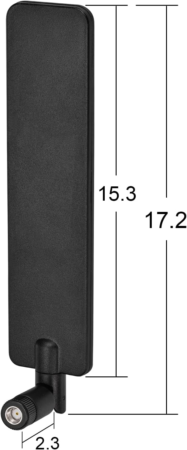 Dimensions showing the high-gain antenna height and RP-SMA connector specifications for the BFN00890 model