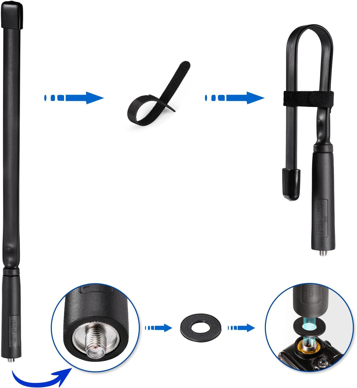 Displaying the tactical antenna installed on a Baofeng UV-5R handheld radio