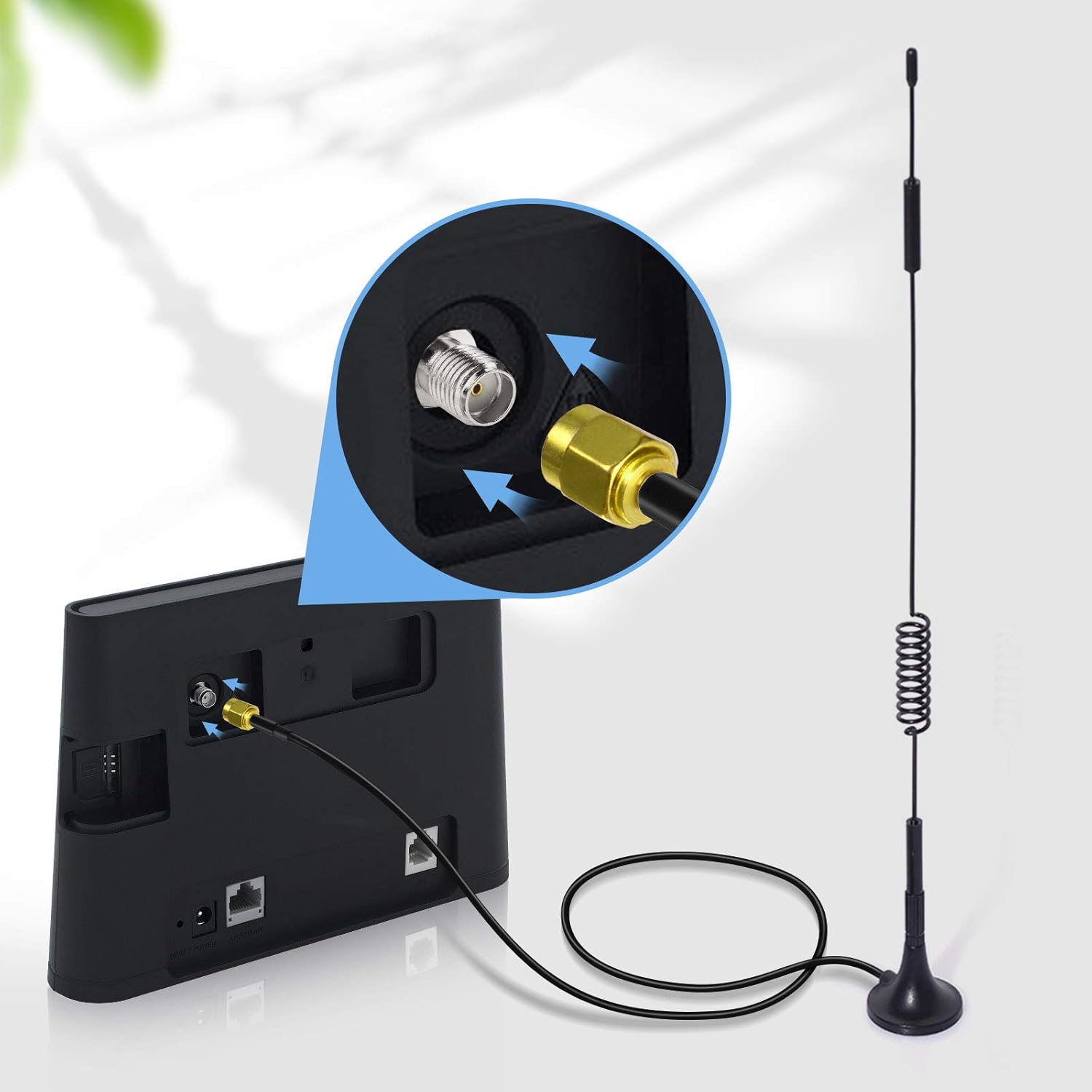 Dual Bingfu 7dBi SMA antennas connected to a desktop 4G LTE router for improved cellular reception
