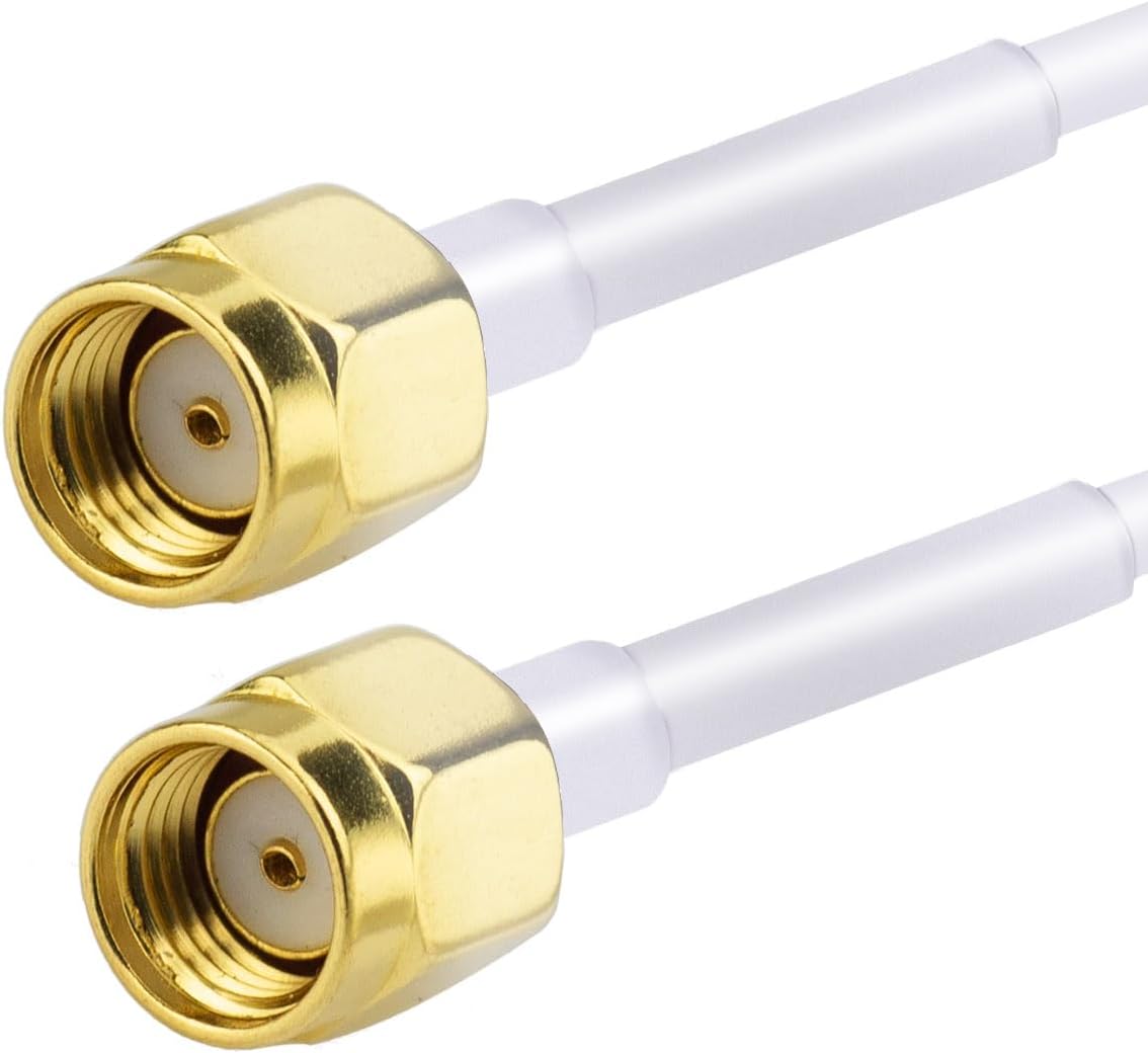 Dual RP-SMA Male connectors (inner thread, center hole) with white cable strain relief for a seamless color-matched look