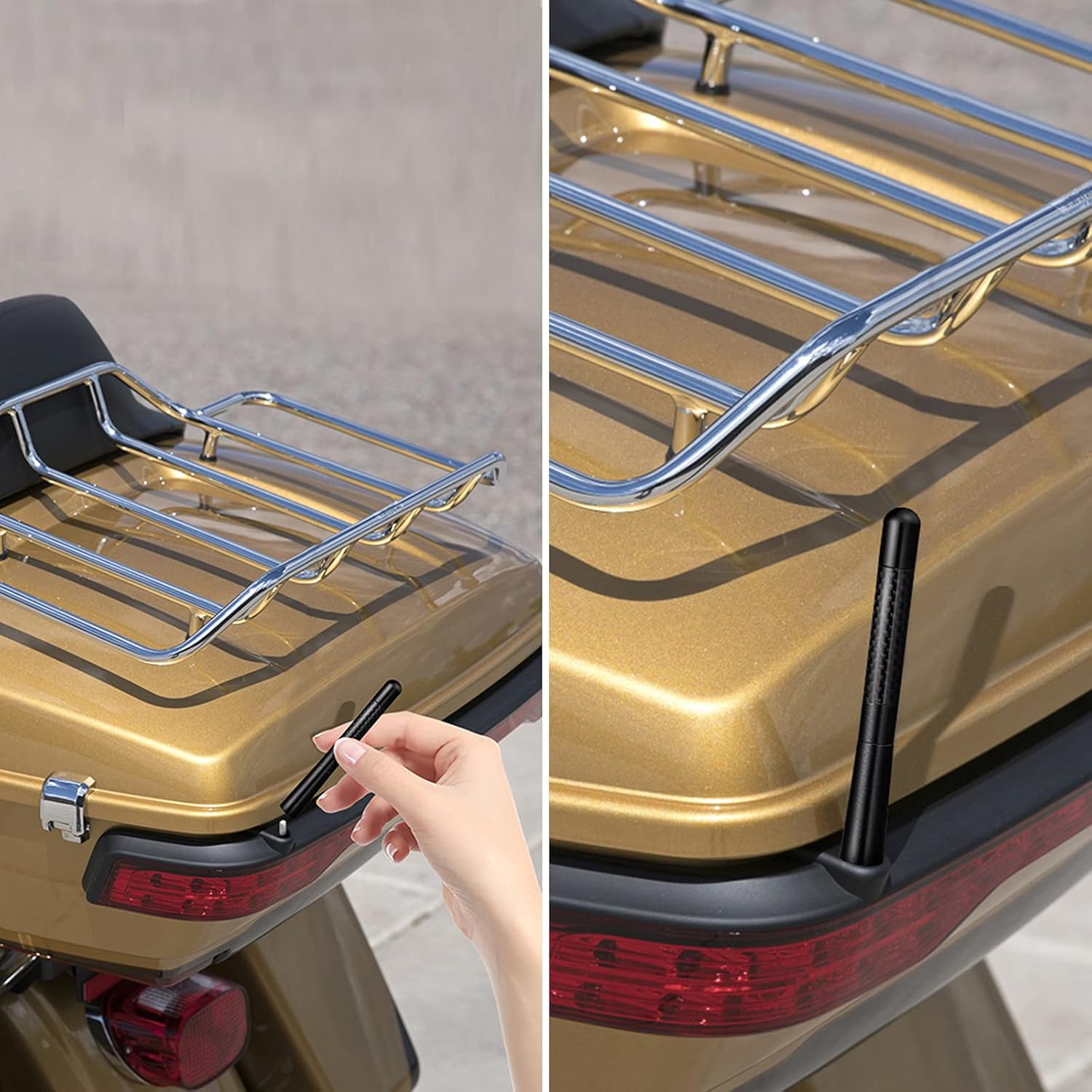 Easy screw-on installation guide showing the replacement of a long factory Harley antenna with the Bingfu carbon fiber shorty antenna