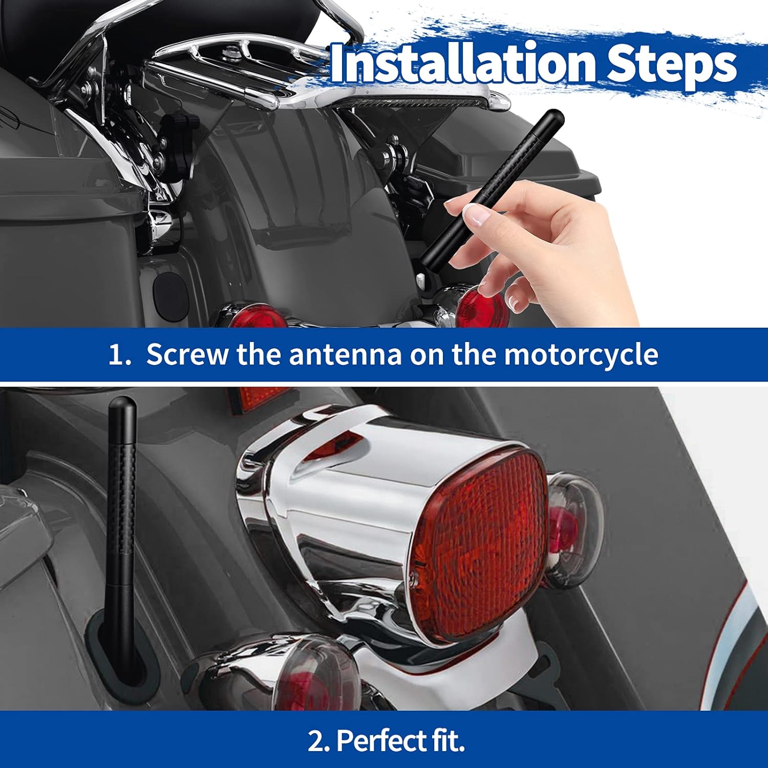 Easy screw-on installation guide showing the replacement of a long factory Harley antenna with the Bingfu carbon fiber shorty antenna