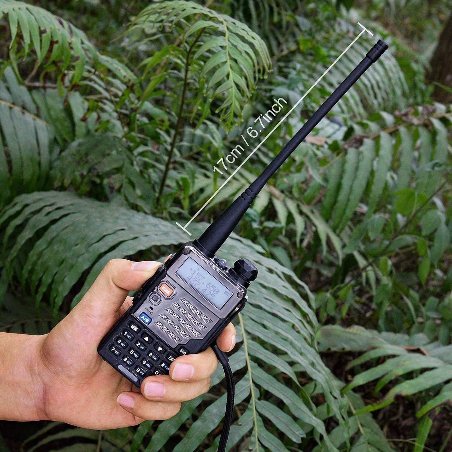 Flexible antenna installed on a Baofeng handheld walkie-talkie, demonstrating fitment