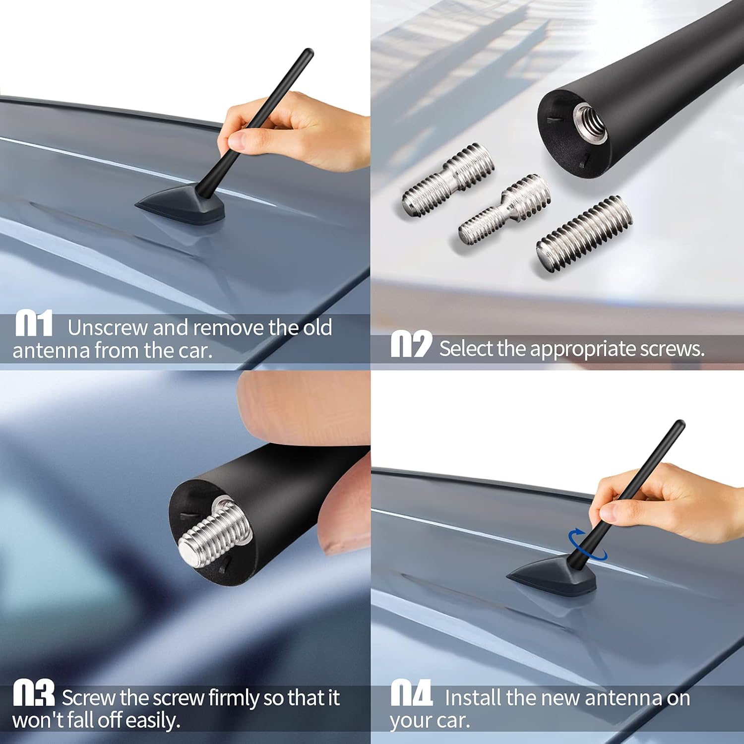 Hand-tightening the Bingfu 16cm aerial onto a car roof base, showing the easy tool-free installation process