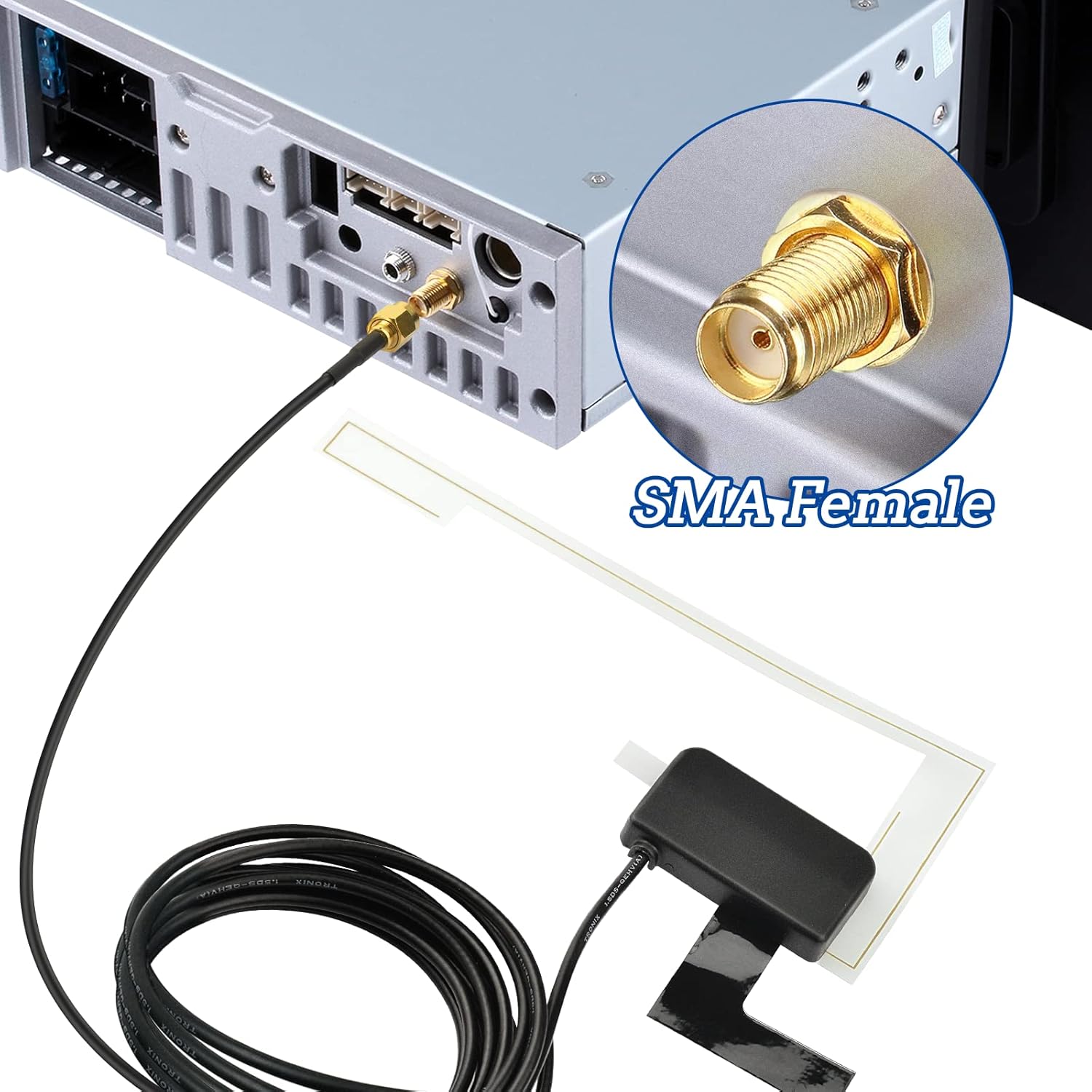 High-definition shot of the gold-plated SMA male connector, providing low-loss signal transmission for DAB+ receivers
