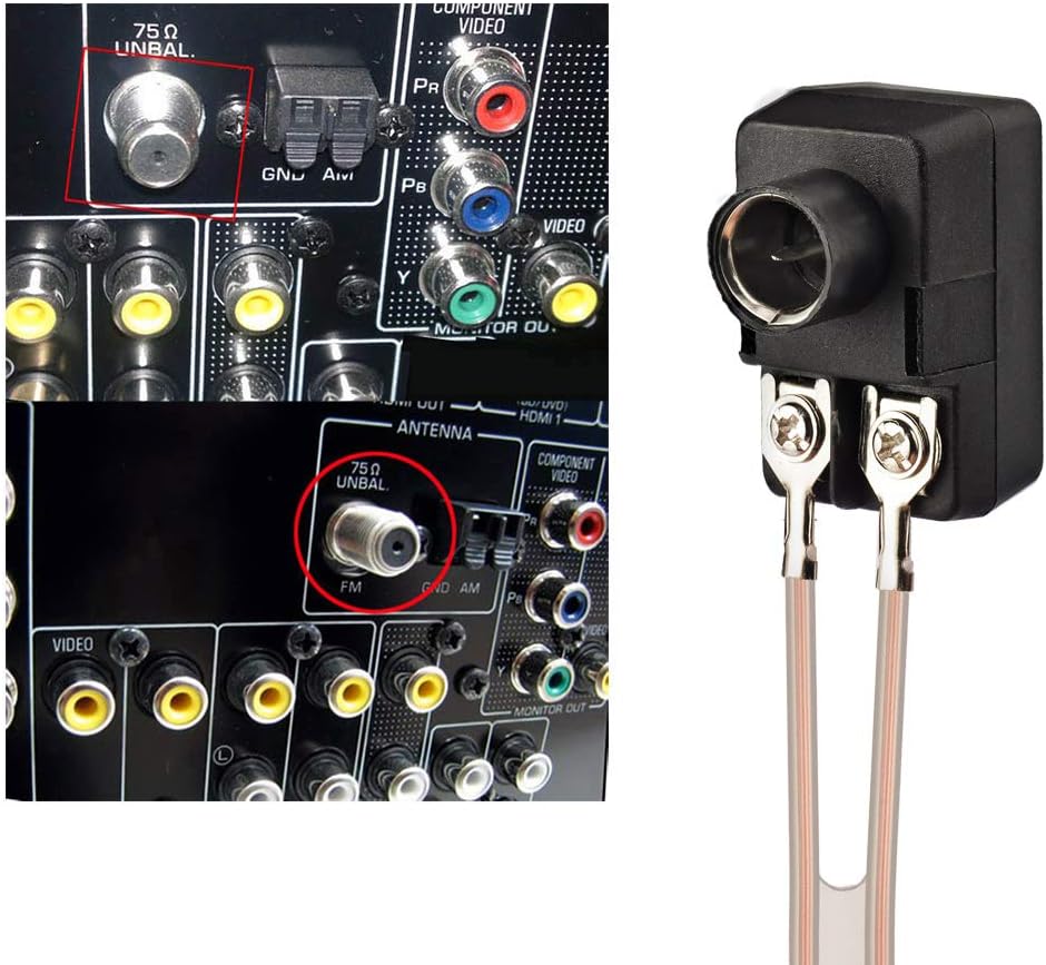 High-definition view of the F-type male connector on the FM wire antenna and the versatile matching transformer pins