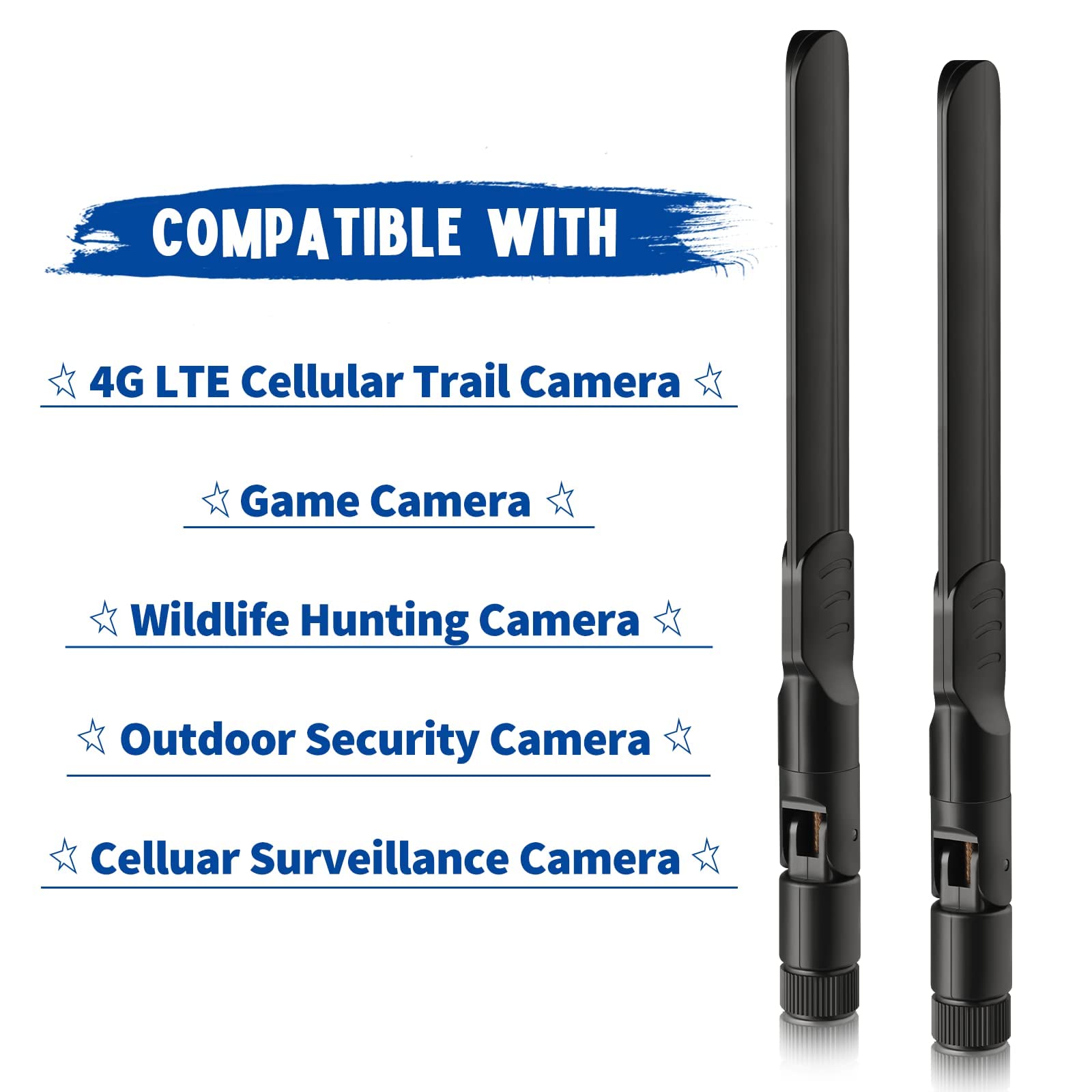 High-gain 8dBi whip antenna supporting wideband cellular frequencies for wildlife hunting cam