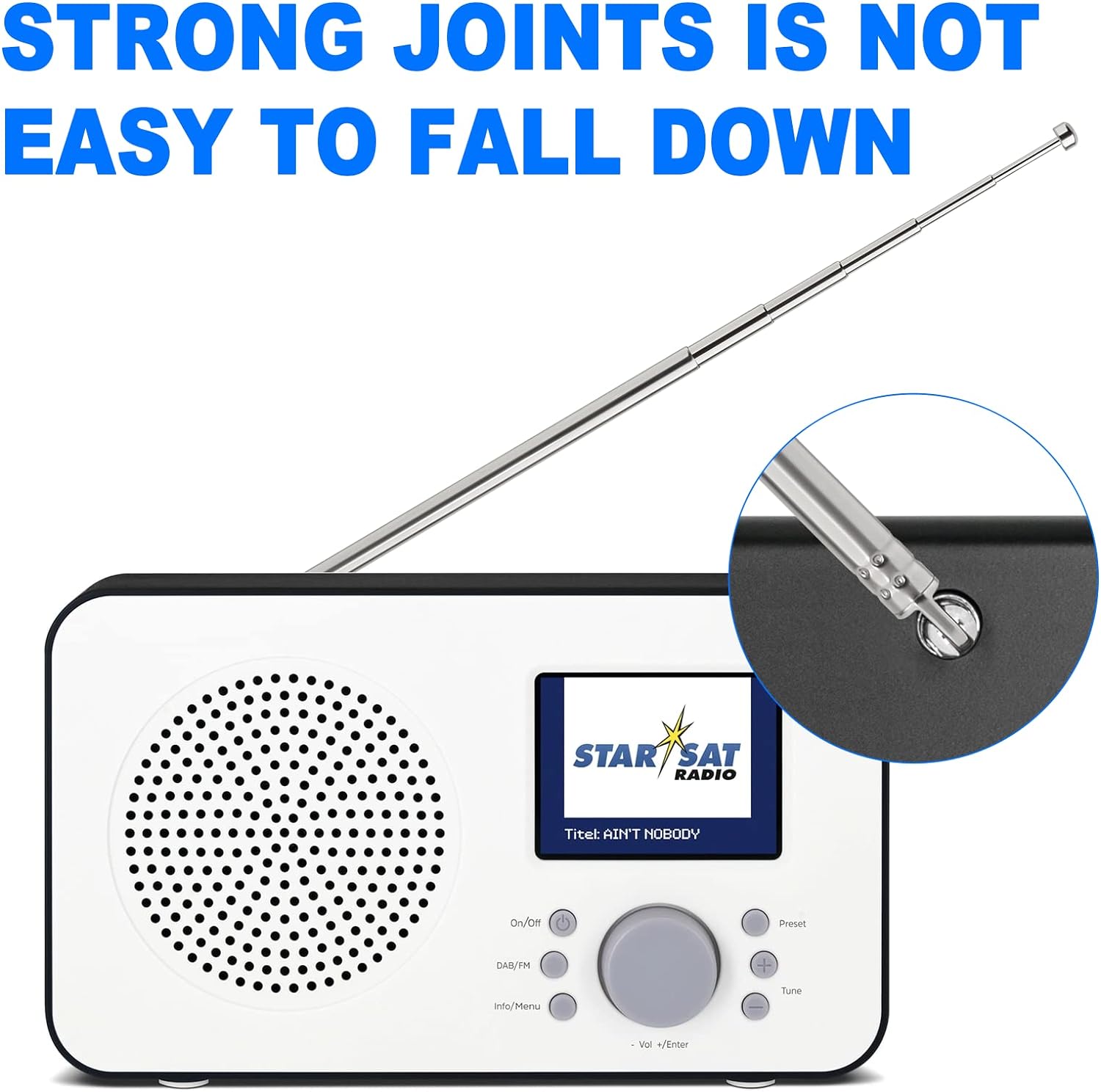 Installation demo showing the antenna being screwed into a Yamaha AV receiver and using the PAL adapter for a portable radio tuner