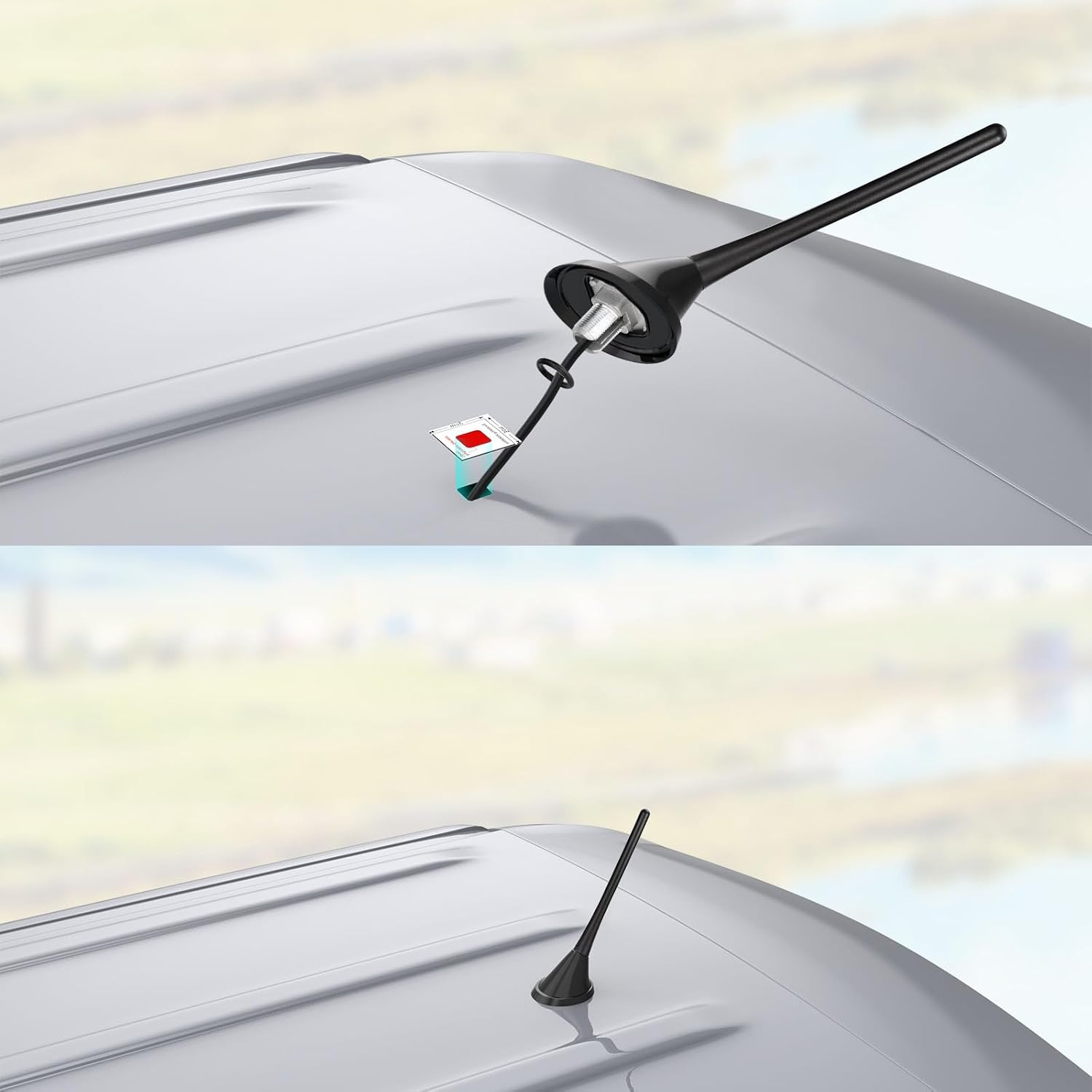 Installation diagram showing how to mount the antenna base through a vehicle roof hole and route the 5m cable to the head unit