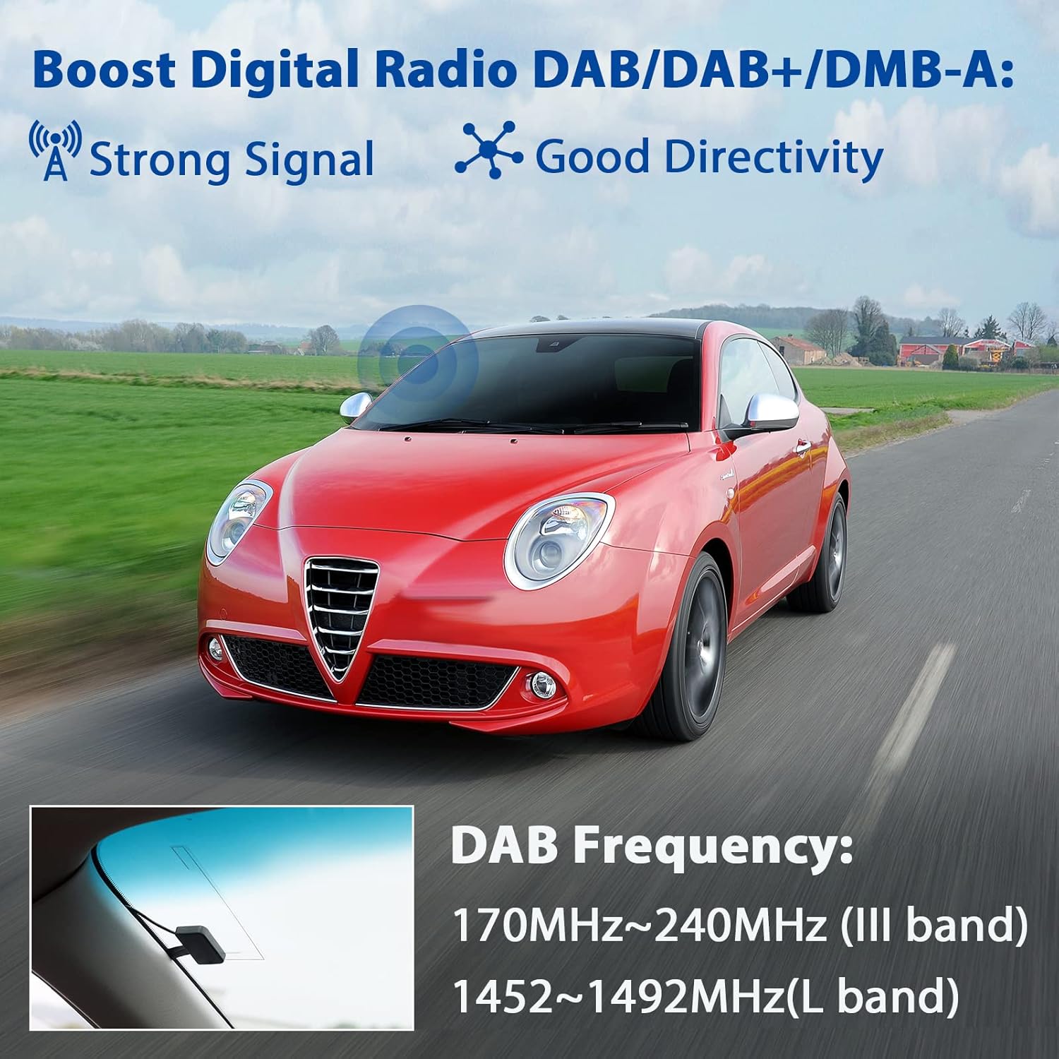 Installation diagram showing the antenna being placed vertically on the windshield with the copper foil grounded to the vehicle's A-pillar metal