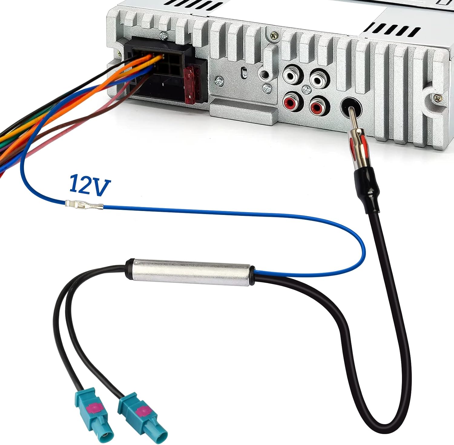 Installation diagram showing the blue wire connecting to the 'Auto Ant' or 'Remote' lead of an aftermarket Android head unit for power supply