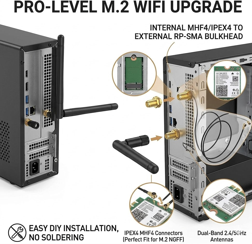 M.2 WiFi Antenna IPEX4 MHF4 to RP-SMA Cables Installed on Intel NGFF Wireless Card