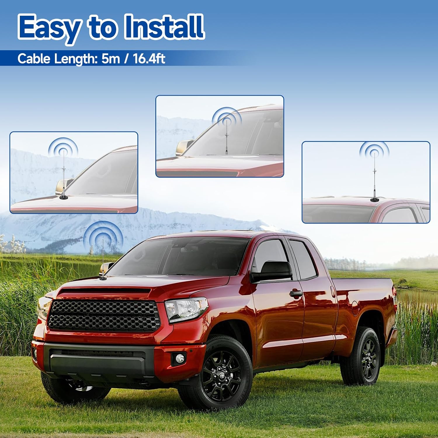 Mobile antenna mounted on the roof of a truck, showing neat cable routing