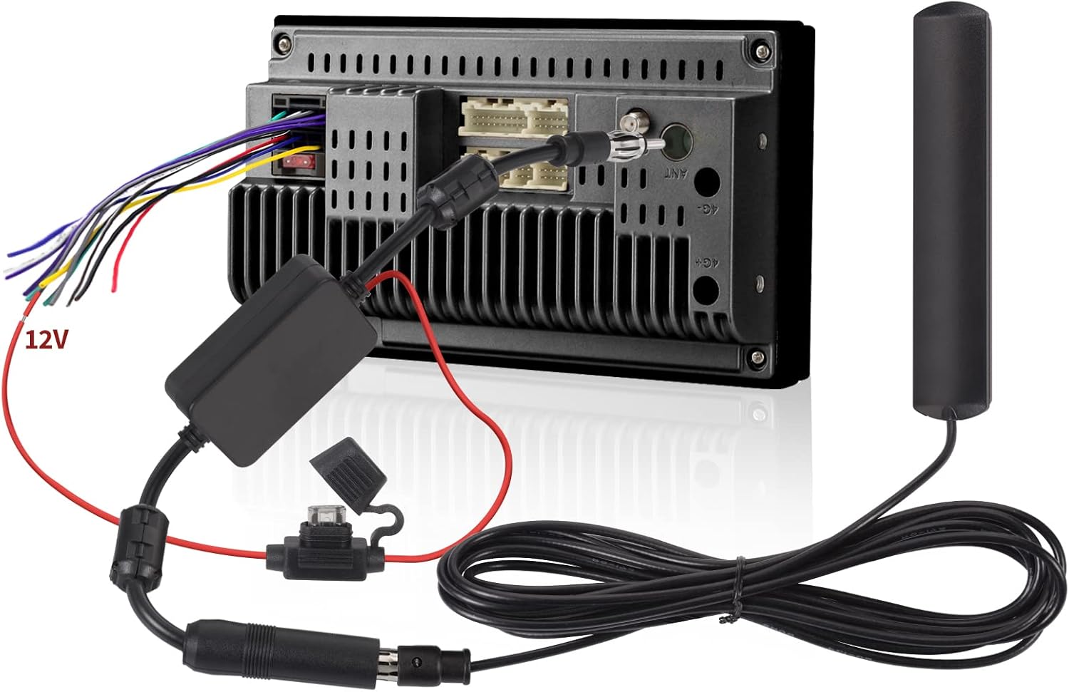 Overview of the active amplifier components showing the red 12V power lead designed to reduce harmonic distortion and signal crossover.