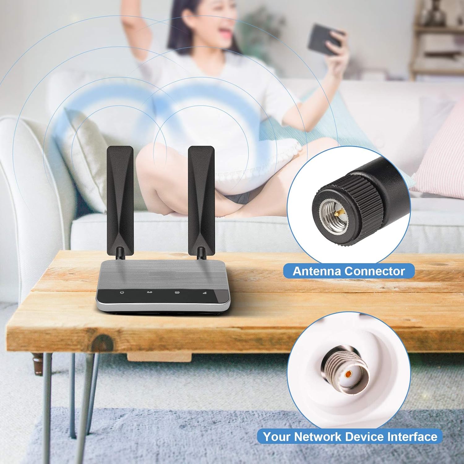 Pair of Bingfu 9dBi SMA antennas connected to a 4G LTE cellular security camera for remote monitoring