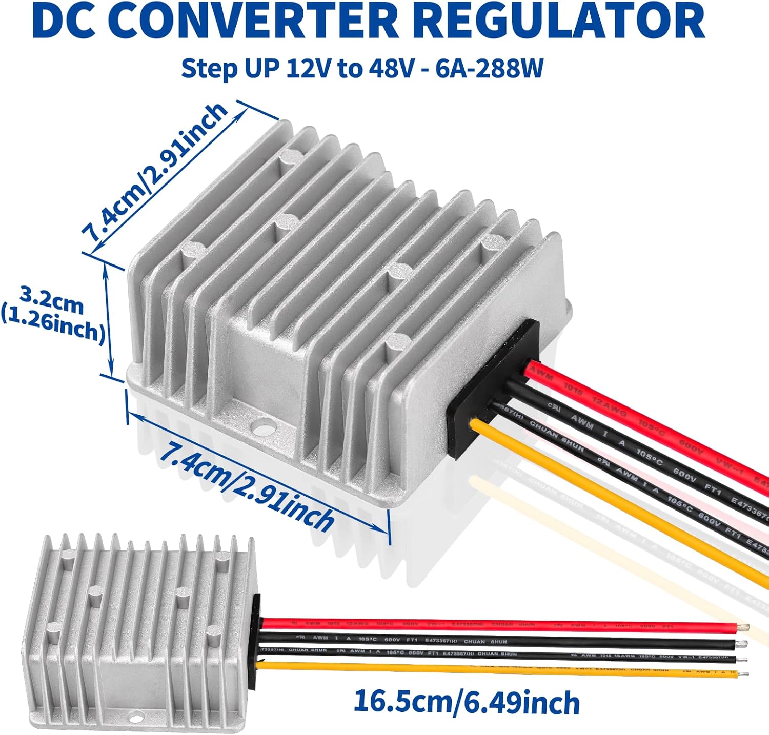 Product dimension specifications for Bingfu 12V 48V 6A converter