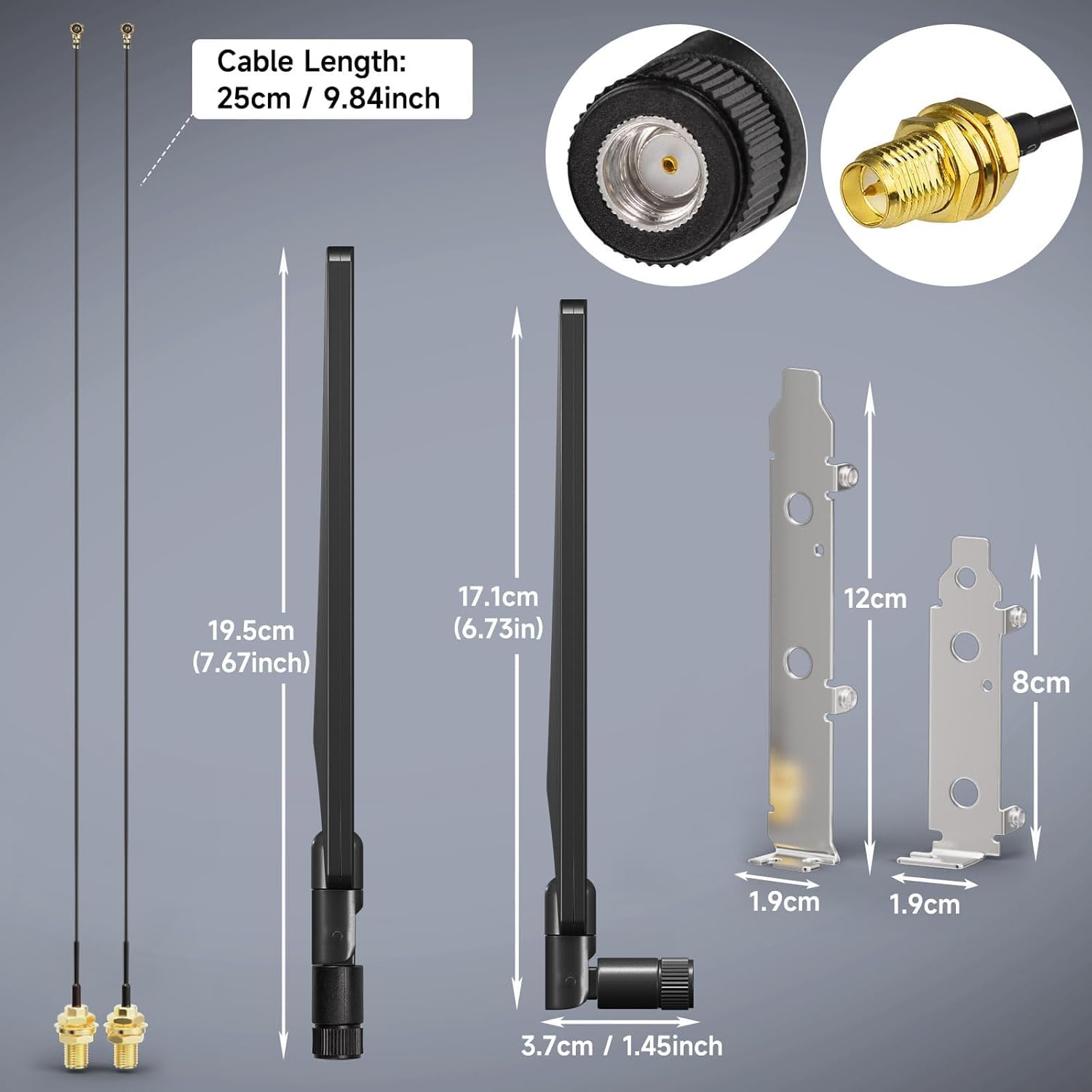 Product dimensions for the 20cm (8 inch) RG178 cables, high-gain antennas, and standard PCI bracket