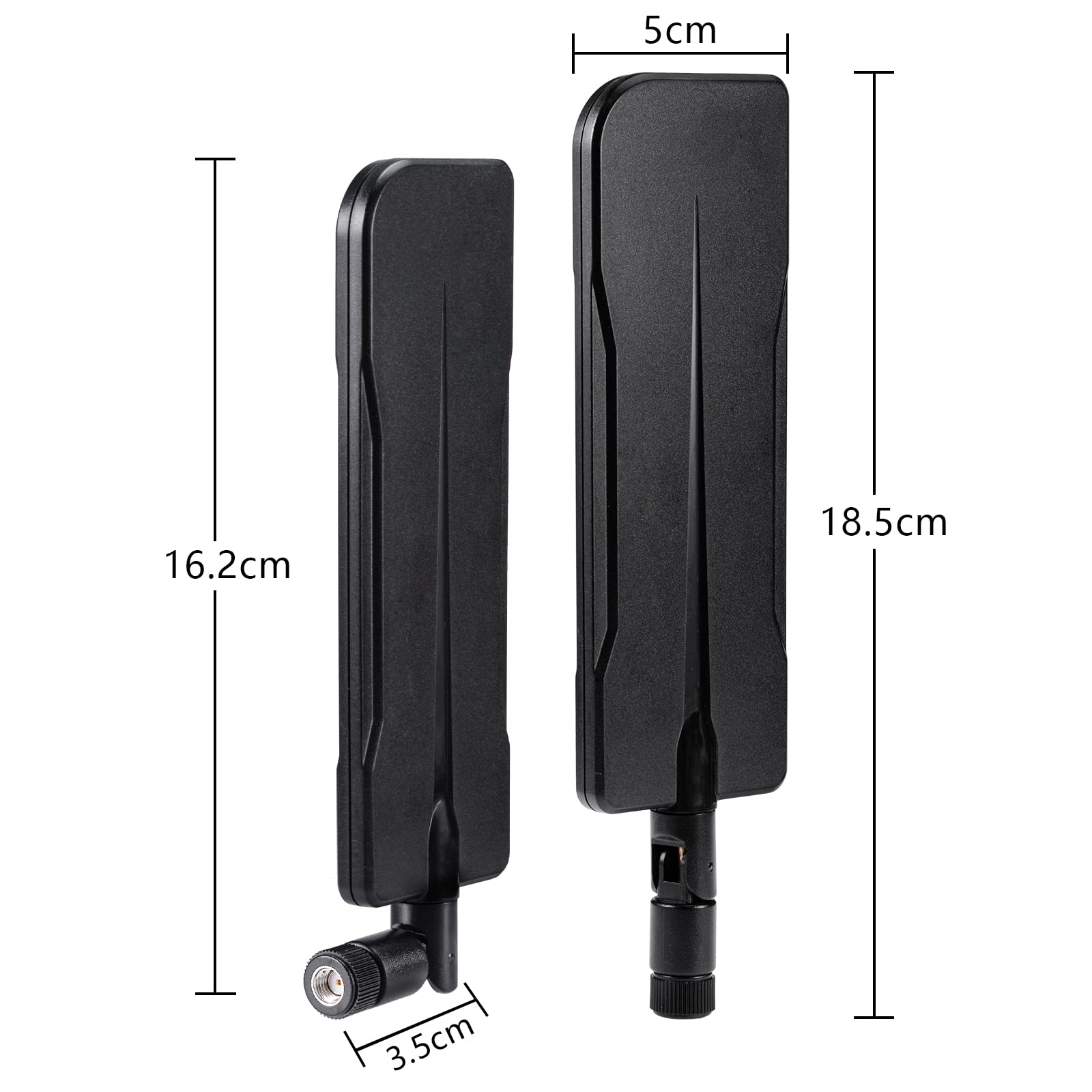Product dimensions of the 8dBi RP-SMA antenna showing height and 90-degree tilt hinge